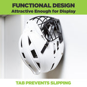 HIDEit Mounts Uni-H wall mount with a white baseball helmet securely mounted on the wall.