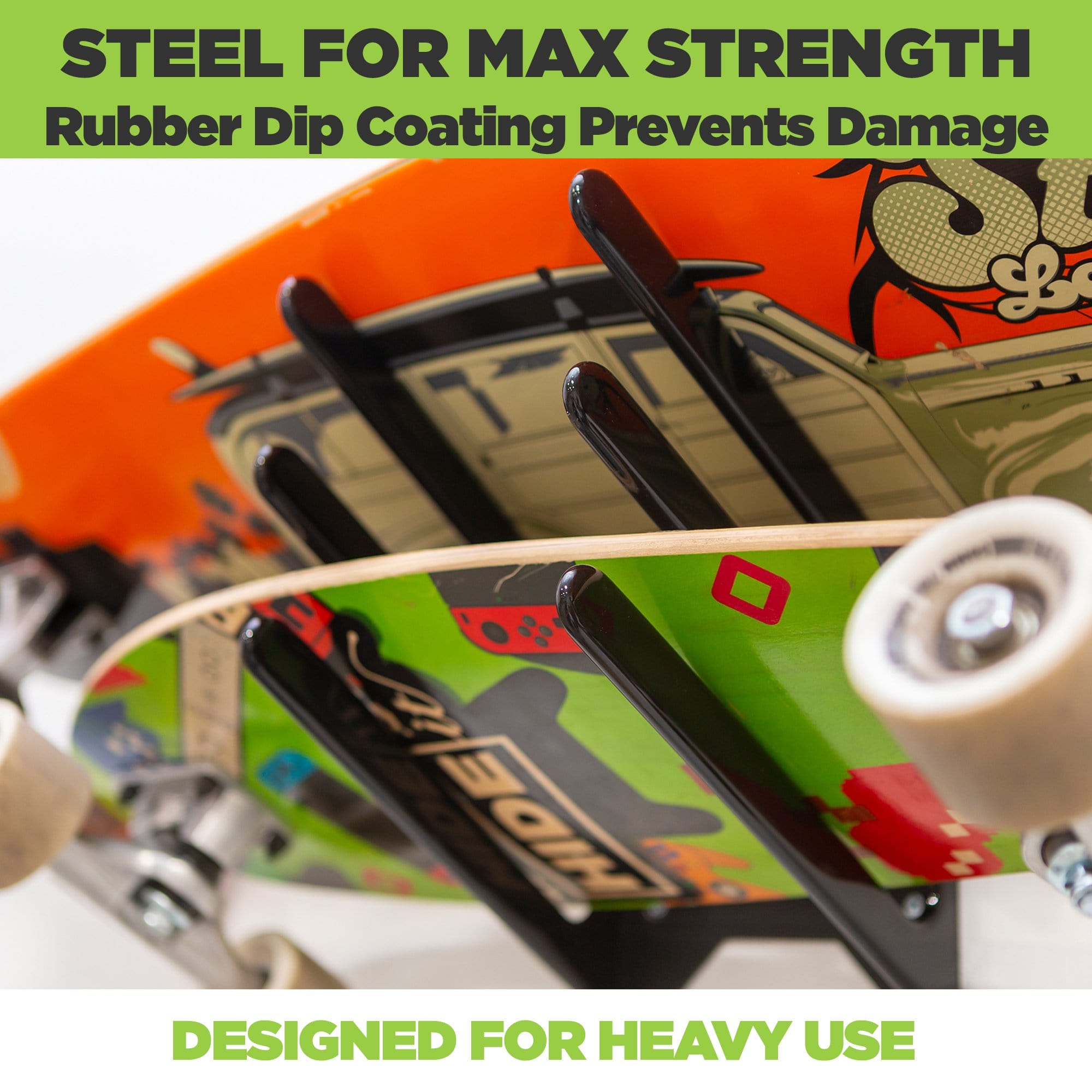With the HIDEit Universal Board Rack its easy to wall mount boards. Skateboard and longboard are shown wall mounted in the HIDEit MBoard Rack.