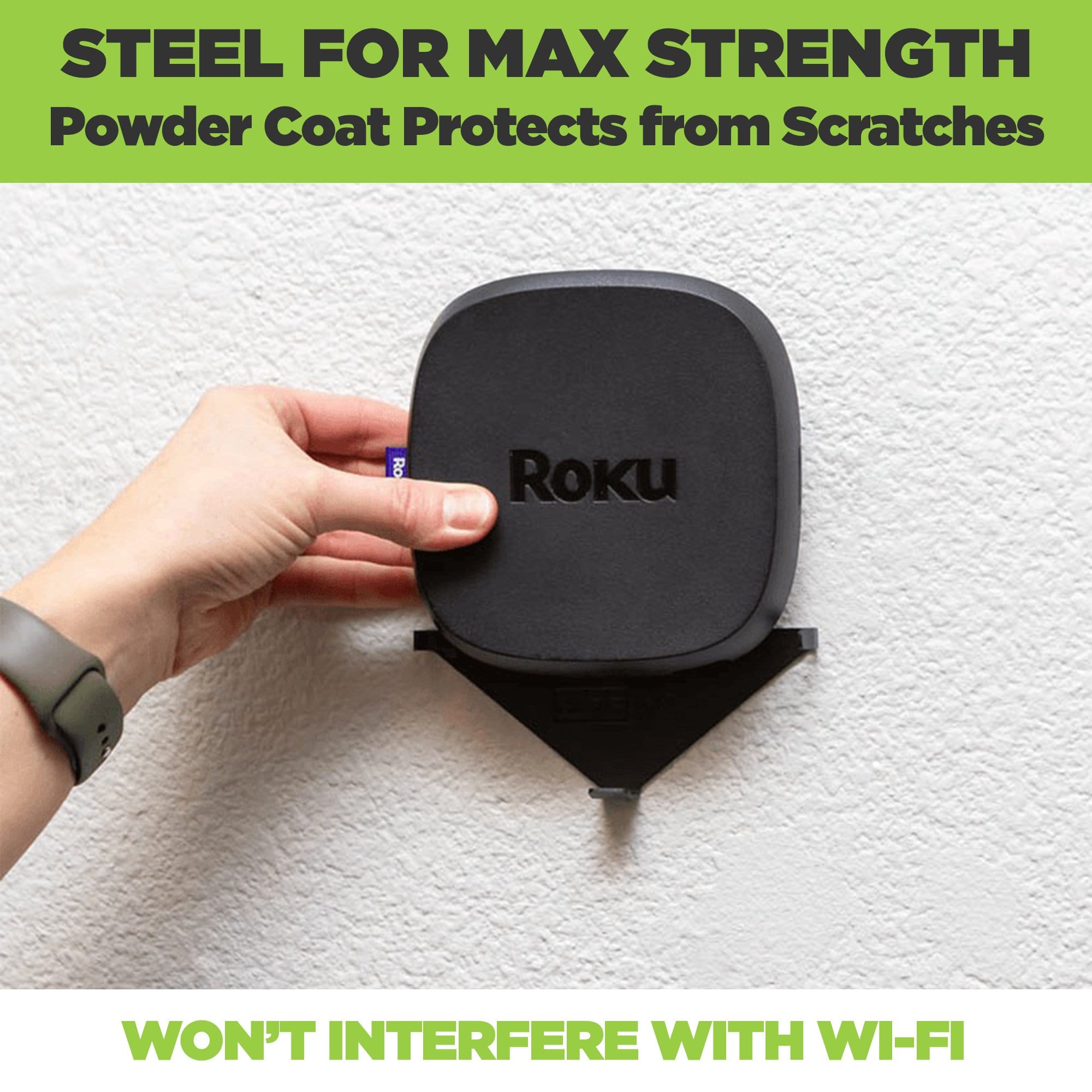 The HIDEit Roku Ultra Wall Mount doesn’t interfere with WiFi and protects the new Roku streaming player from scratches.