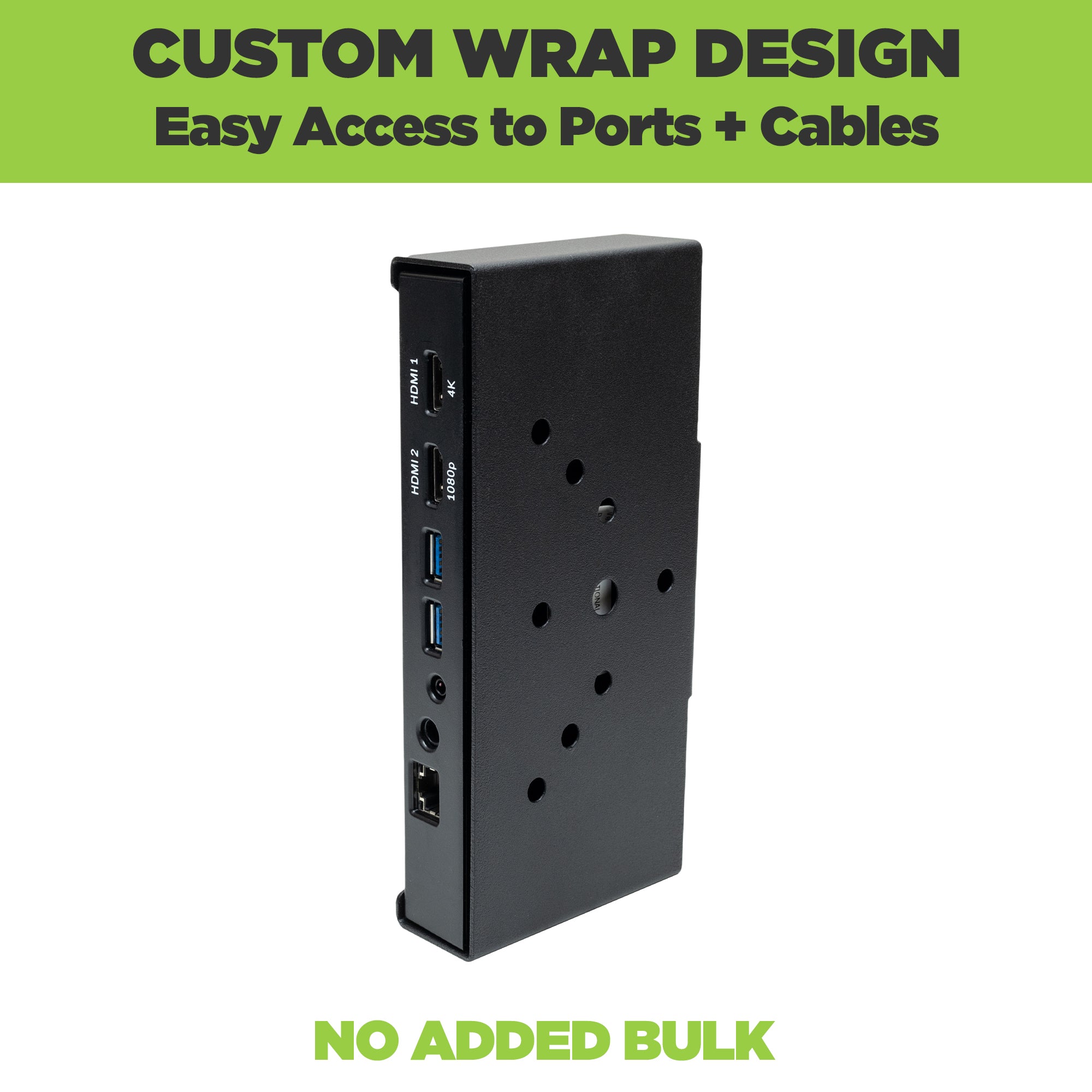 Back of the HIDEit Mount for the Solstice Pod. Custom wrap design won't block Solstice ports or cables.