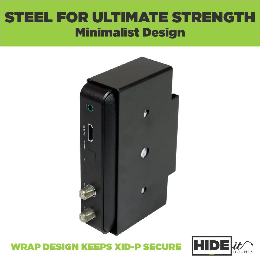 HIDEit wall mount for Xfinity XiD-P box securely storing an Xfinity box.