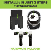 HIDEit Wall Mounts for PSVR headset, processor and move controllers are easy to install.