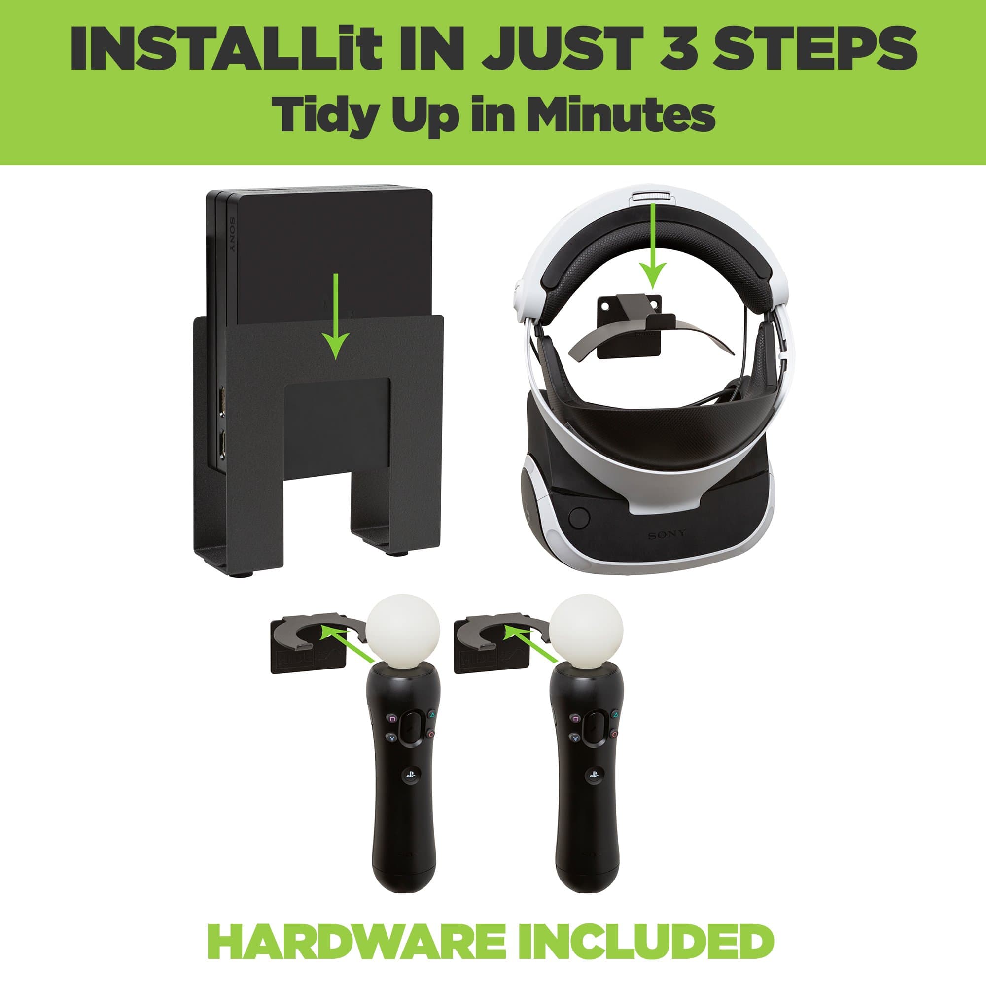 HIDEit Wall Mounts for PSVR headset, processor and move controllers are easy to install.