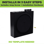 Back view of Sonos Amplifier mounted in a steel HIDEit Mounts wall mount showing slide-in screw feature.