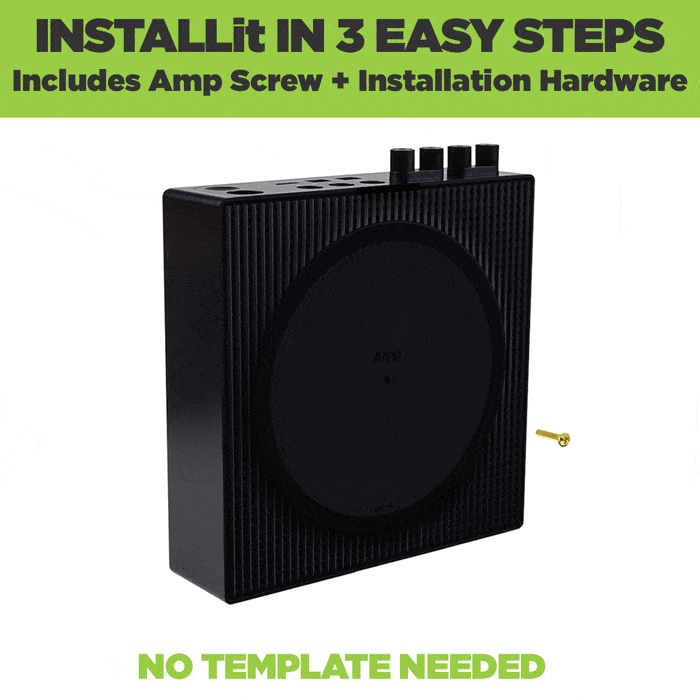 Back view of Sonos Amplifier mounted in a steel HIDEit Mounts wall mount showing slide-in screw feature.