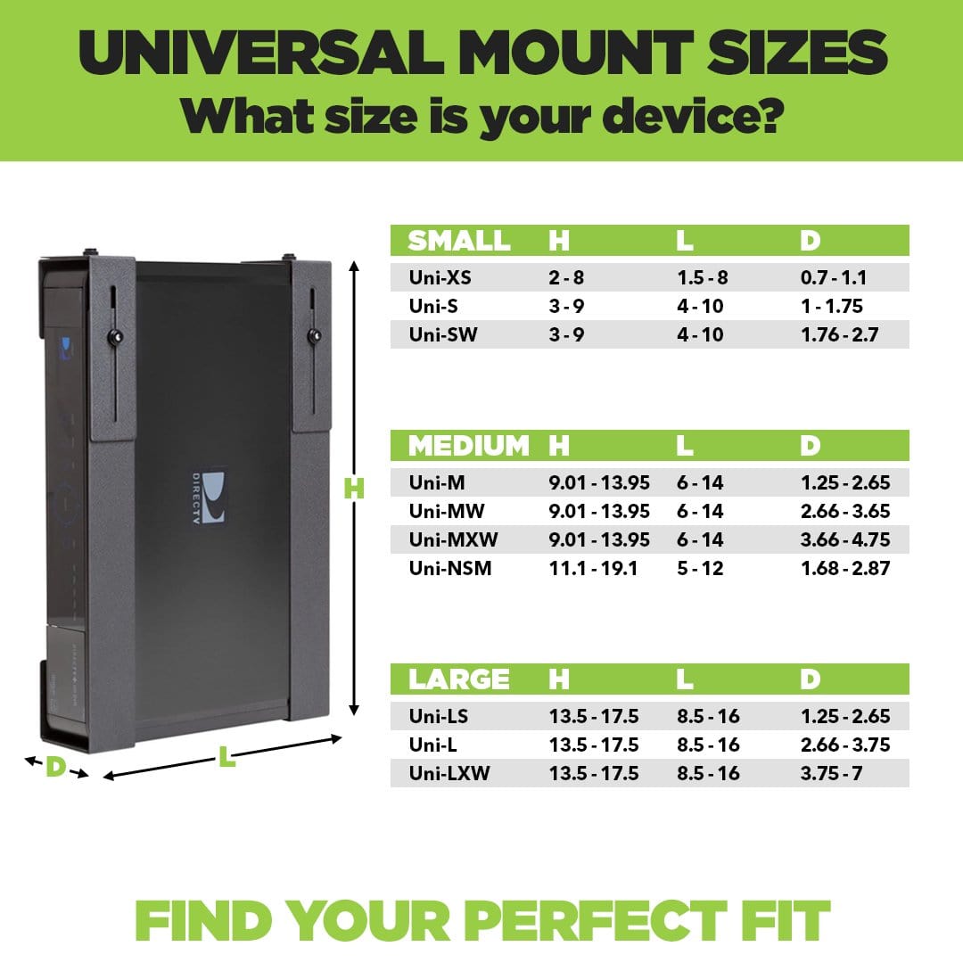 Universal Mount and Adjustable Mount dimensions chart for HIDEit Universal + Adjustable Mounts.