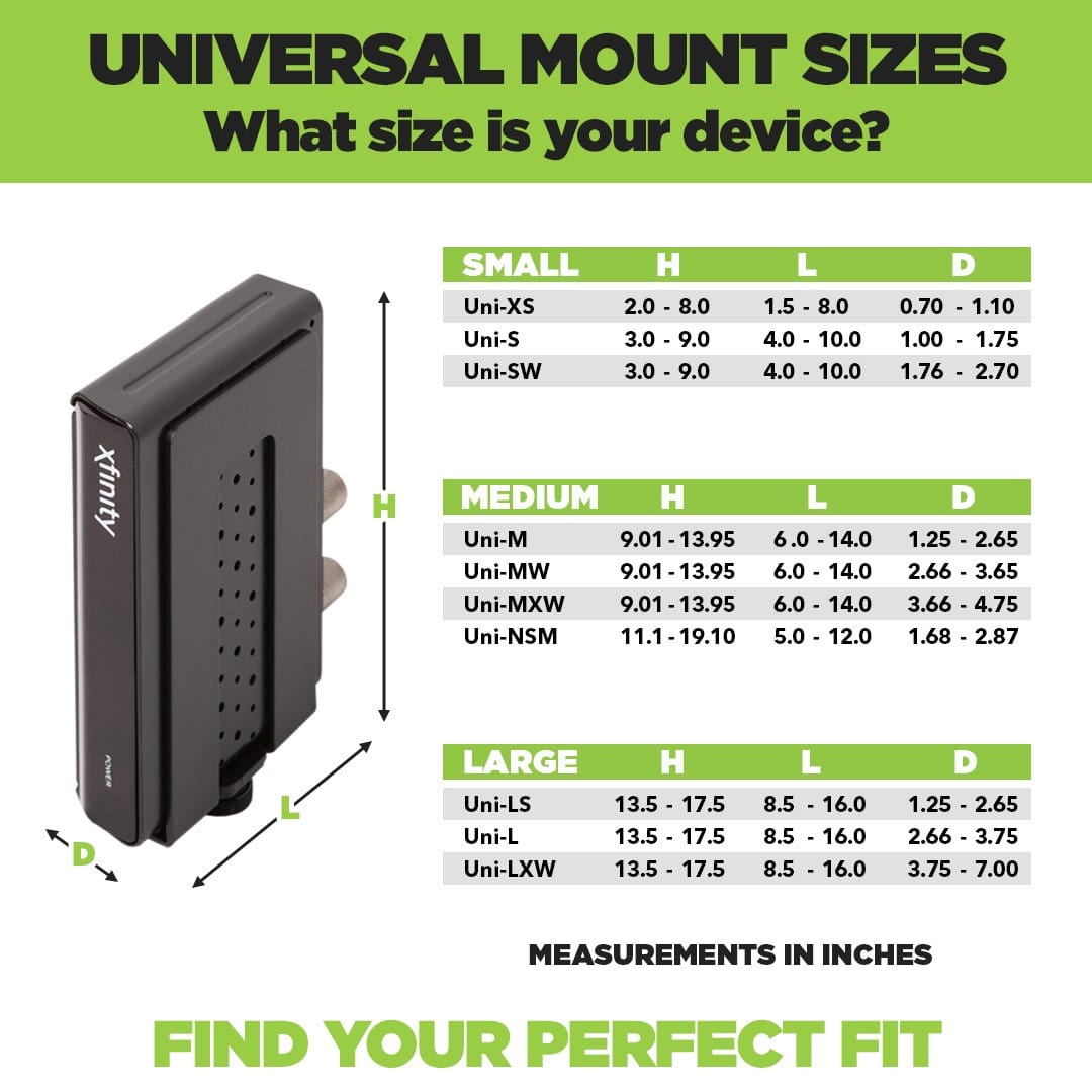 Universal Mount and Adjustable Mount dimensions chart for HIDEit Universal + Adjustable Mounts.