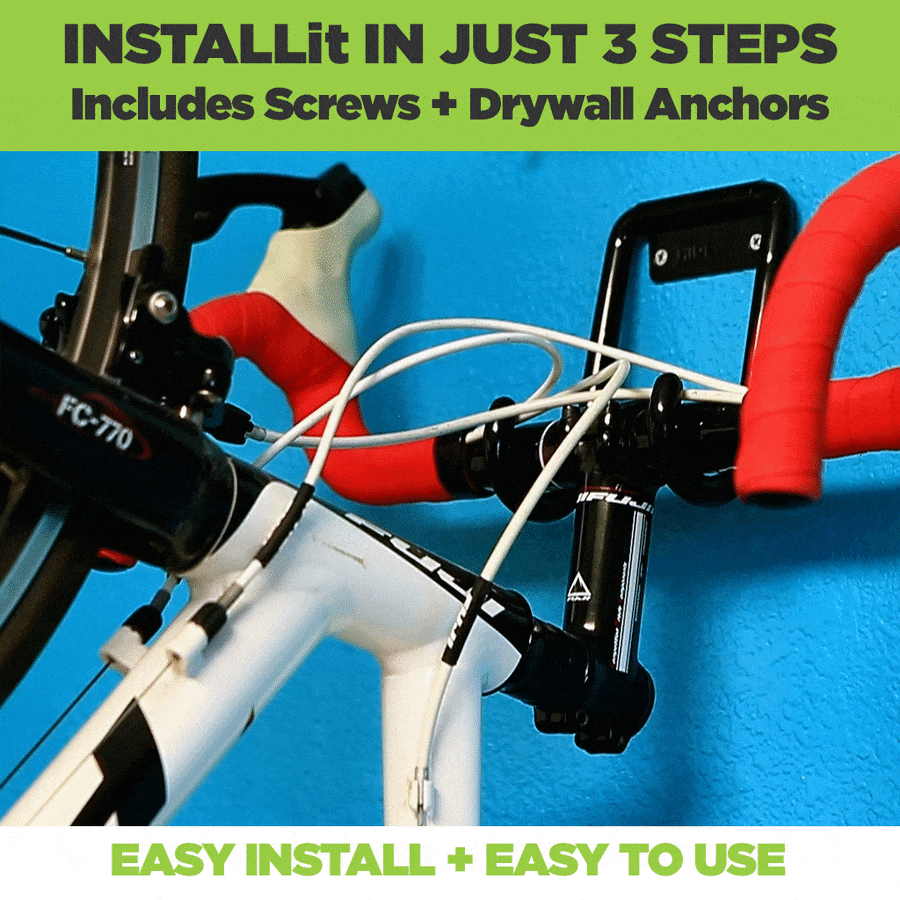 Gif of a white bike being securely mounted in a garage with a HIDEit Universal Bicycle hook.