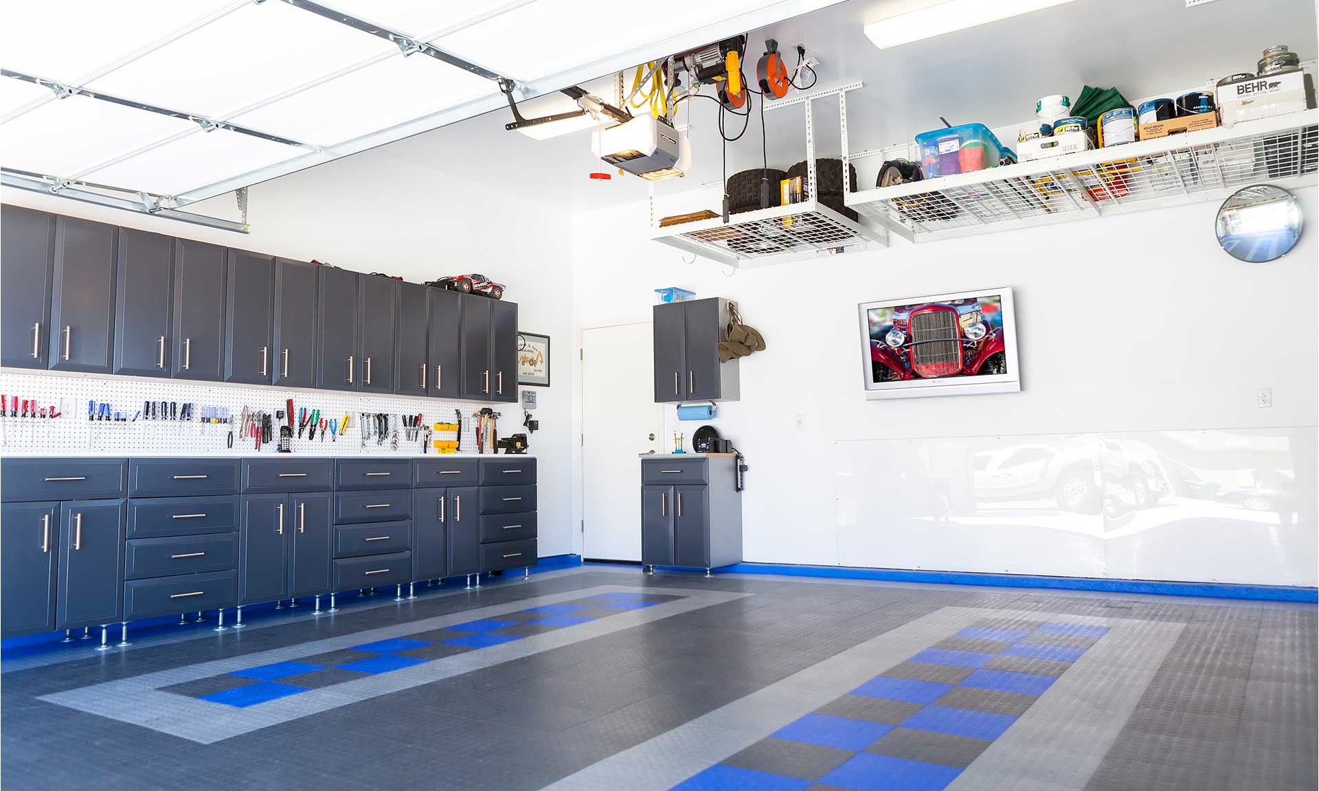 Garage Cleanup with storage containers and overhead storage rack