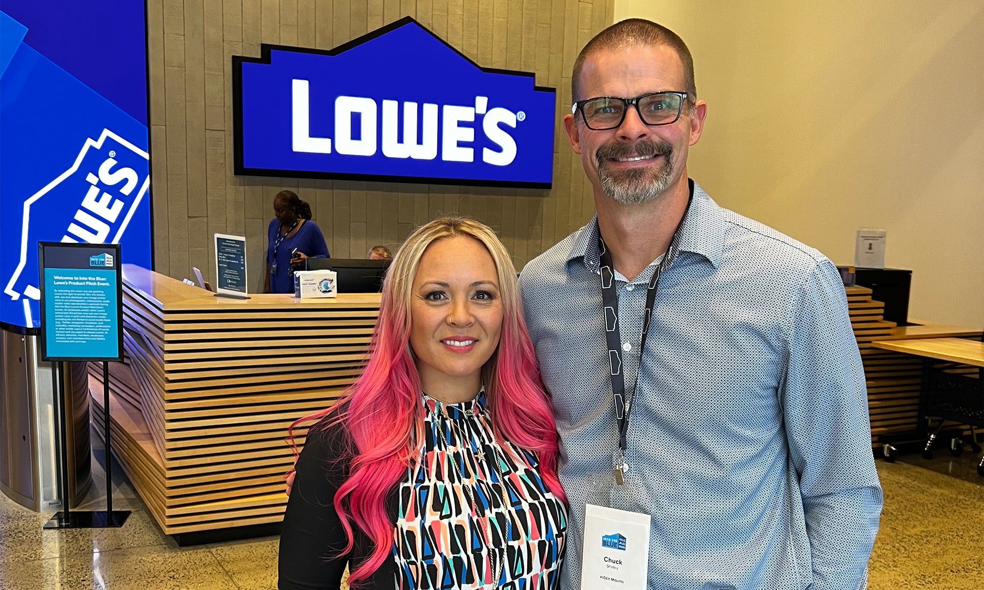 HIDEit Mounts Co-Founders Relina Shirley and Charles Shirley at Lowe's Into the Blue Event in North Carolina.