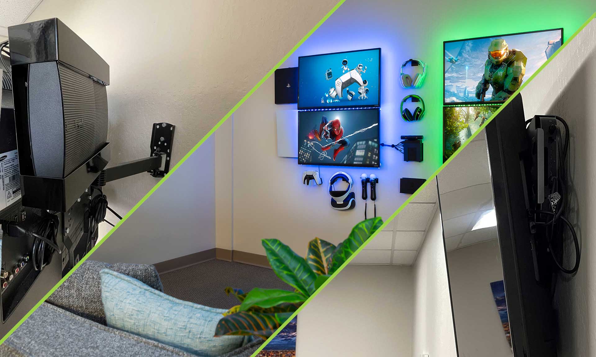 Split angled image of three different setups of TV mounts featured at HIDEit HQ. A tilt mount, fixed mount, and full-motion tilt mount are pictured.