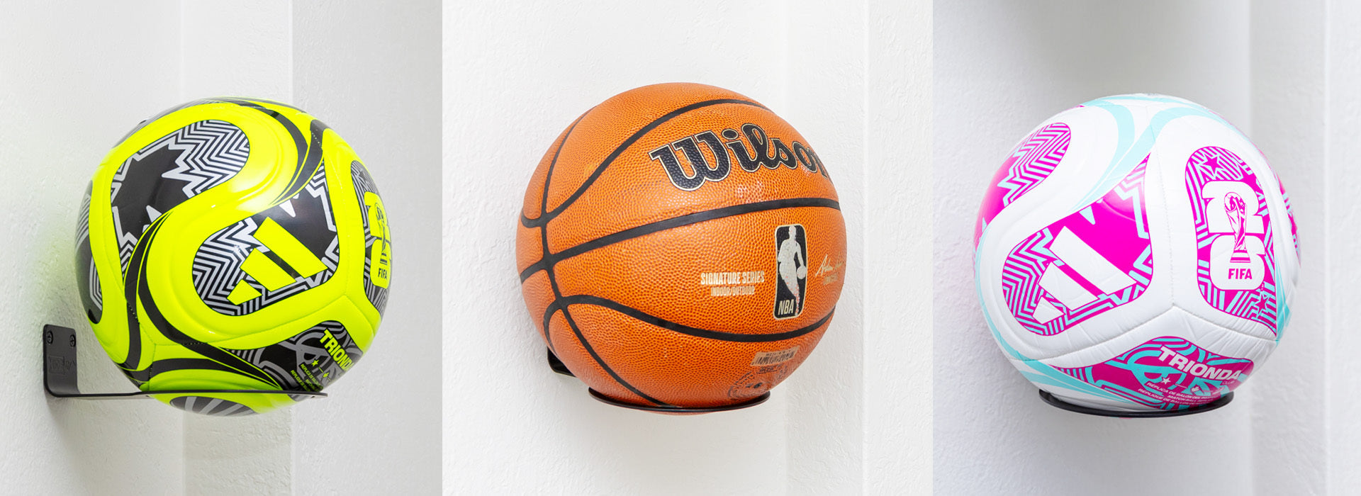 Soccer ball wall mount and basketball display showcasing sports gear storage and display with HIDEit Mounts