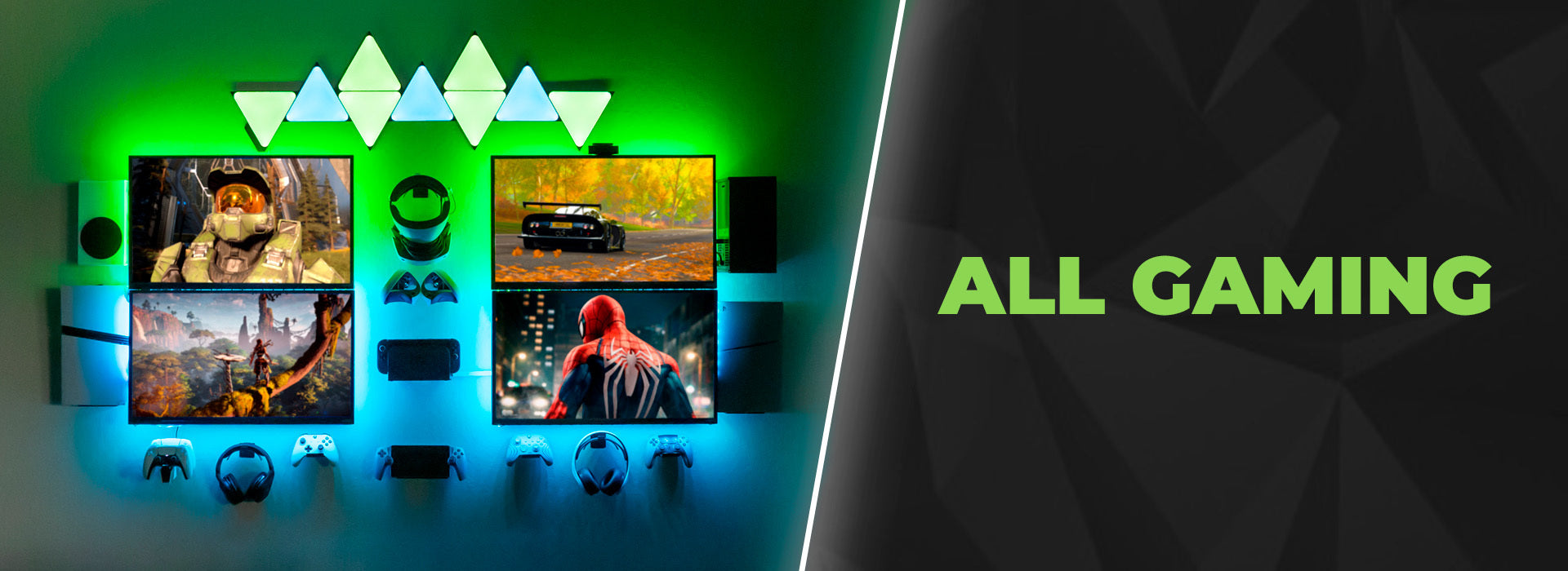 Wall-mounted gaming setup with Xbox, PlayStation, and controllers neatly displayed using HIDEit Gaming Mounts. Sleek, space-saving, and organized.