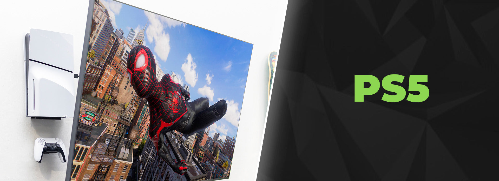 PS5 wall mounted behind TV with HIDEit Mounts PS5 mount.