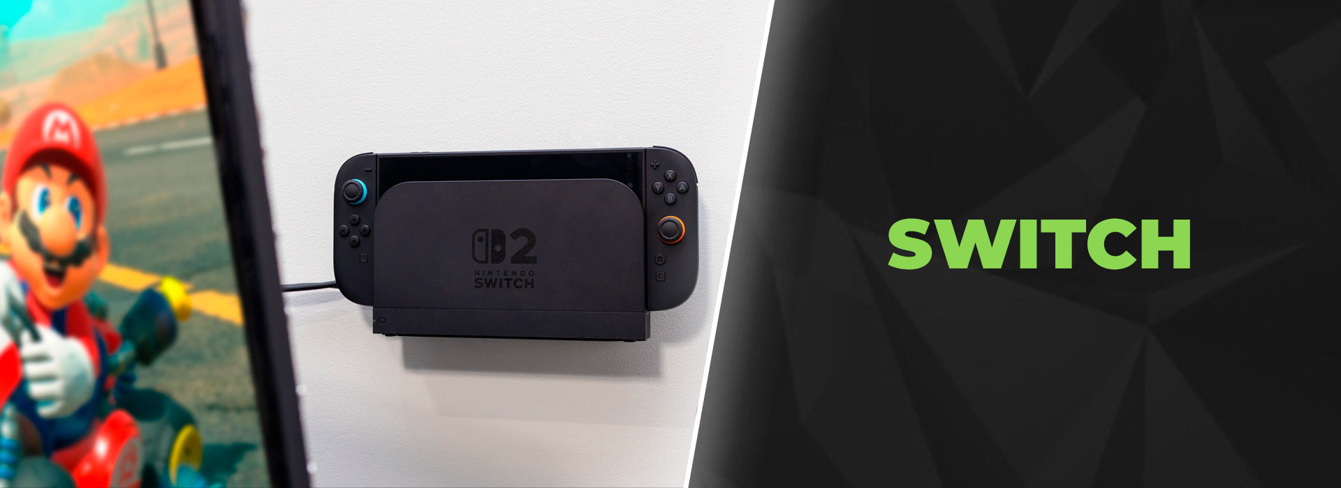 Nintendo Switch wall mounted behind a TV using HIDEit Switch Mount