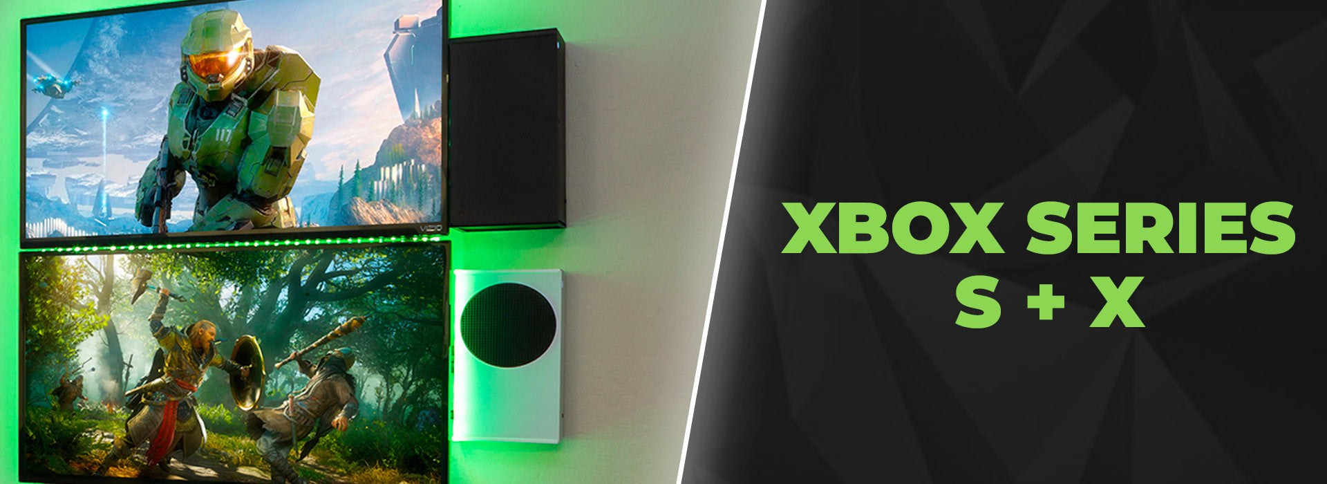 Xbox Series X and Xbox Series S wall mounted next to a TV using HIDEit Mounts Xbox Mounts