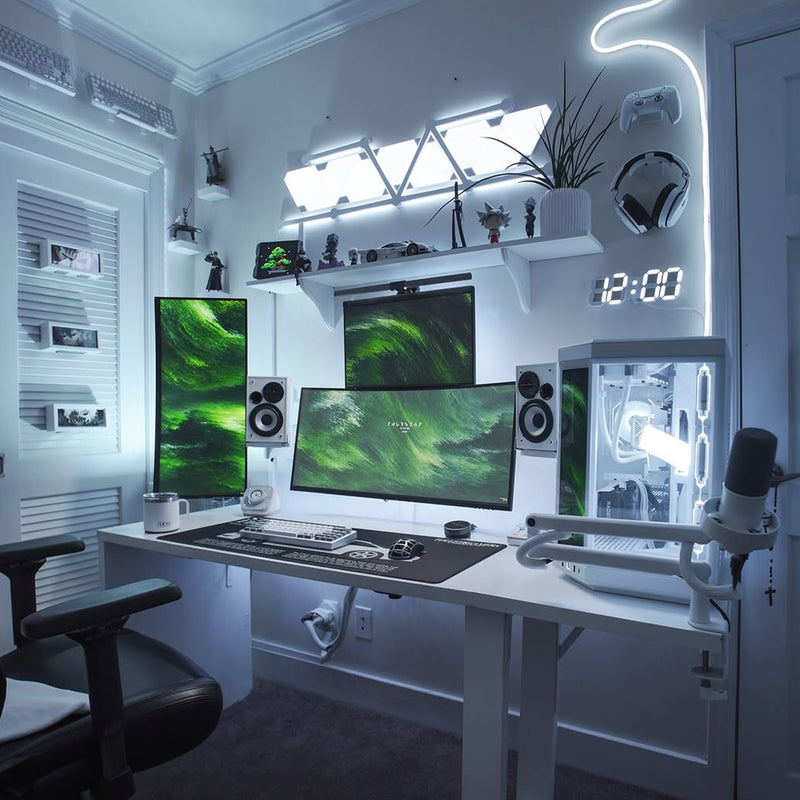 killswitch242’s clean white gaming desk setup featuring HIDEit Key Mounts for floating keyboards, Uni-C controller mount, Uni-H headset holder, and LED-lit minimalist battlestation design.
