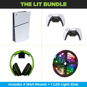 The PS5 Slim Wall Mount Lit Bundle comes with 1 HIDEit PlayStation 5 Slim Wall Mount, 2 Controller Wall Mounts, 1 Headset Wall Mount and 1 LED Strip.