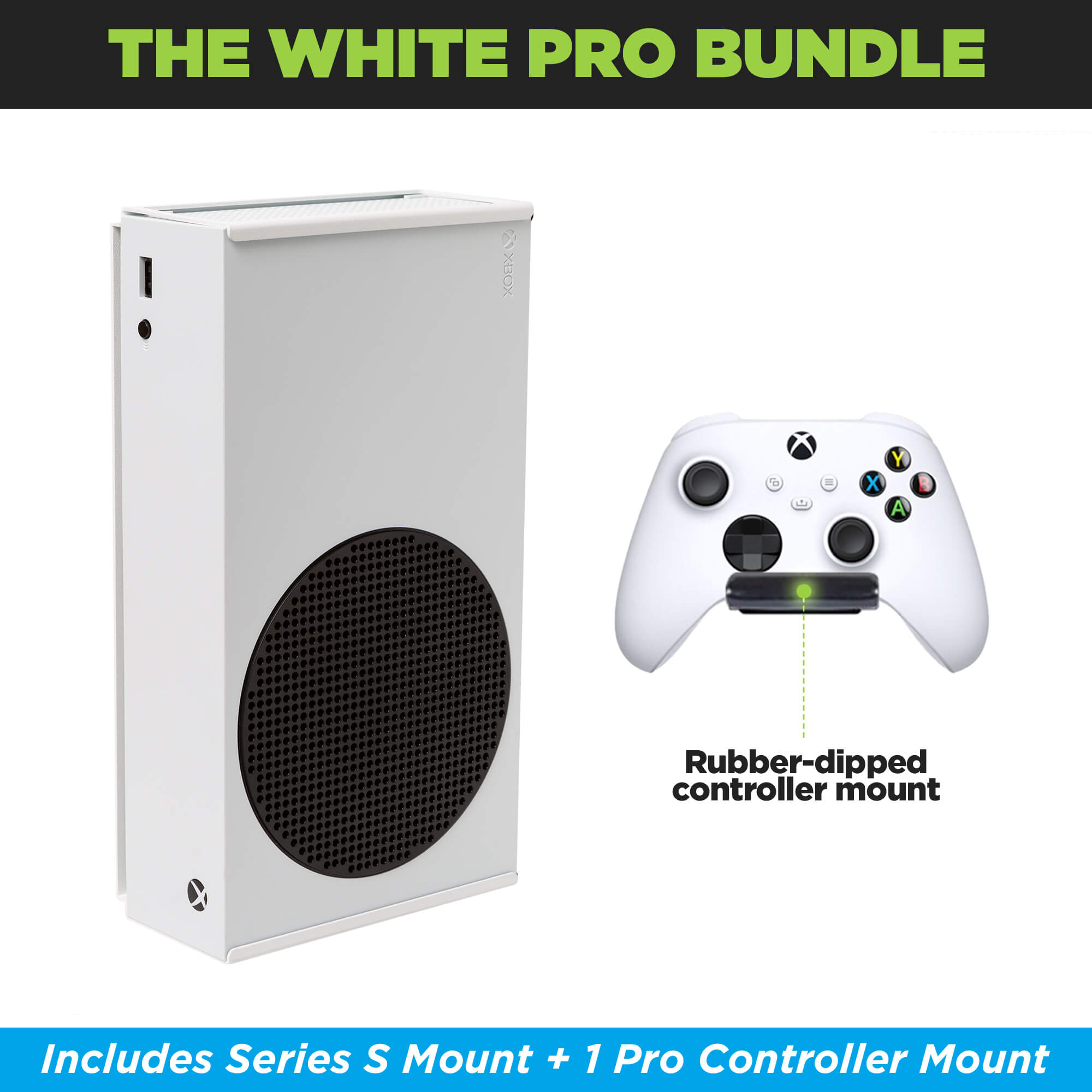 HIDEit Xbox Series S Pro Bundle comes with one Xbox Series S Wall Mount and one Xbox controller mount