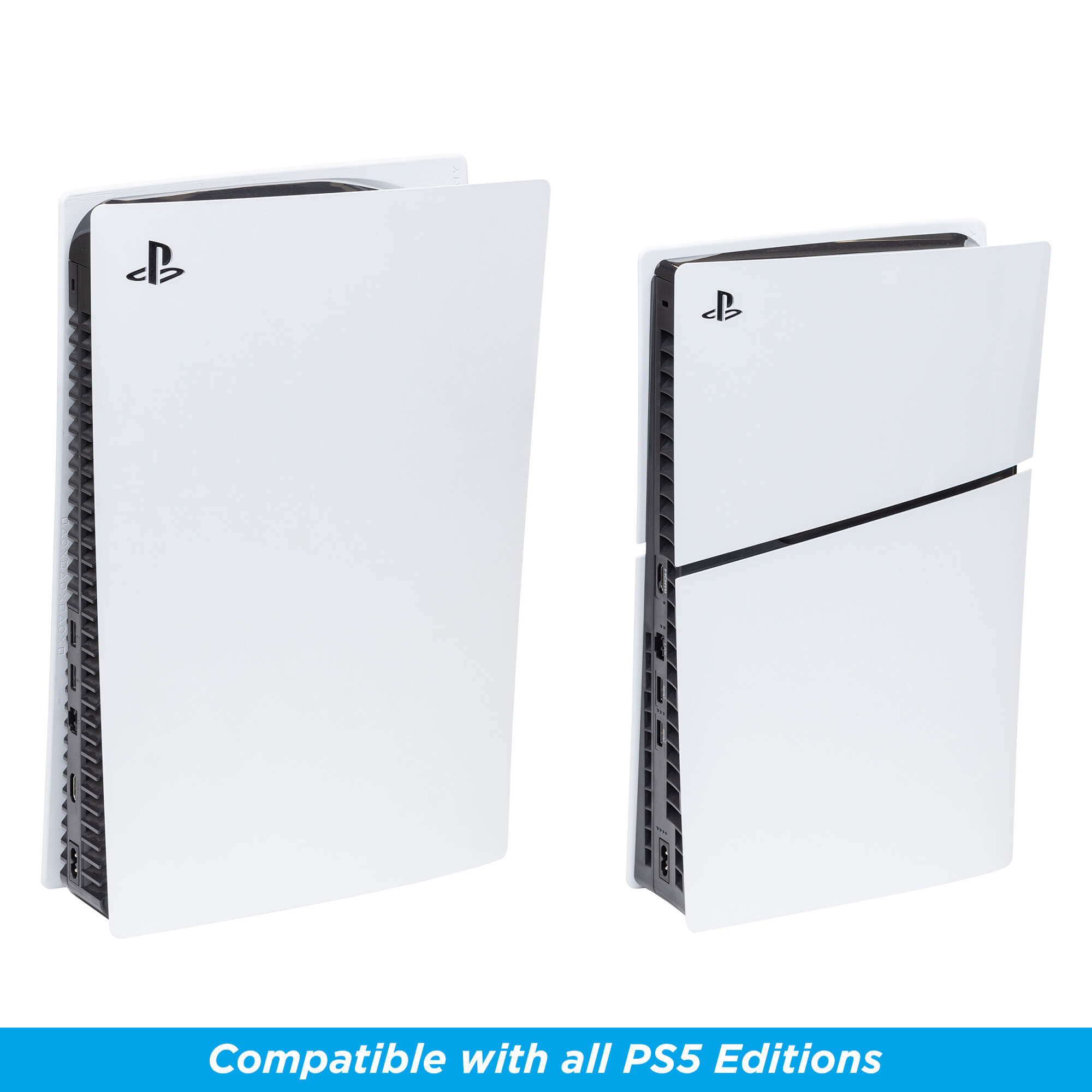 PS5 and PS5 Slim consoles shown in a HIDEit 5S Shelf Mount compatible with all PS5 Editions.