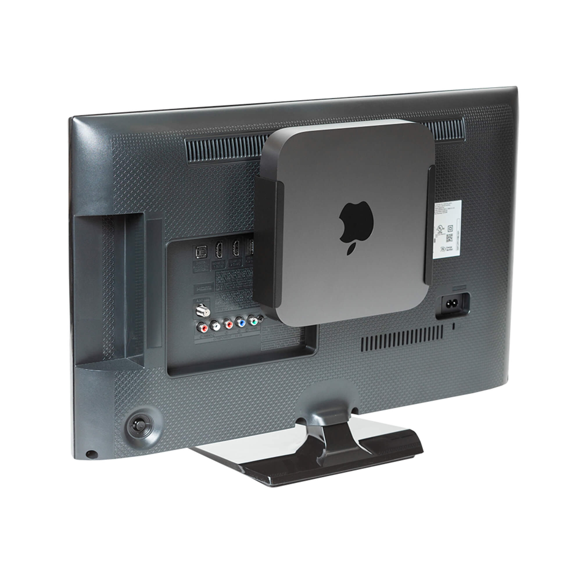 Black steel HIDEit Mount securely holding Mac mini compatible with Mac mini computers released after 2010 to current M2.