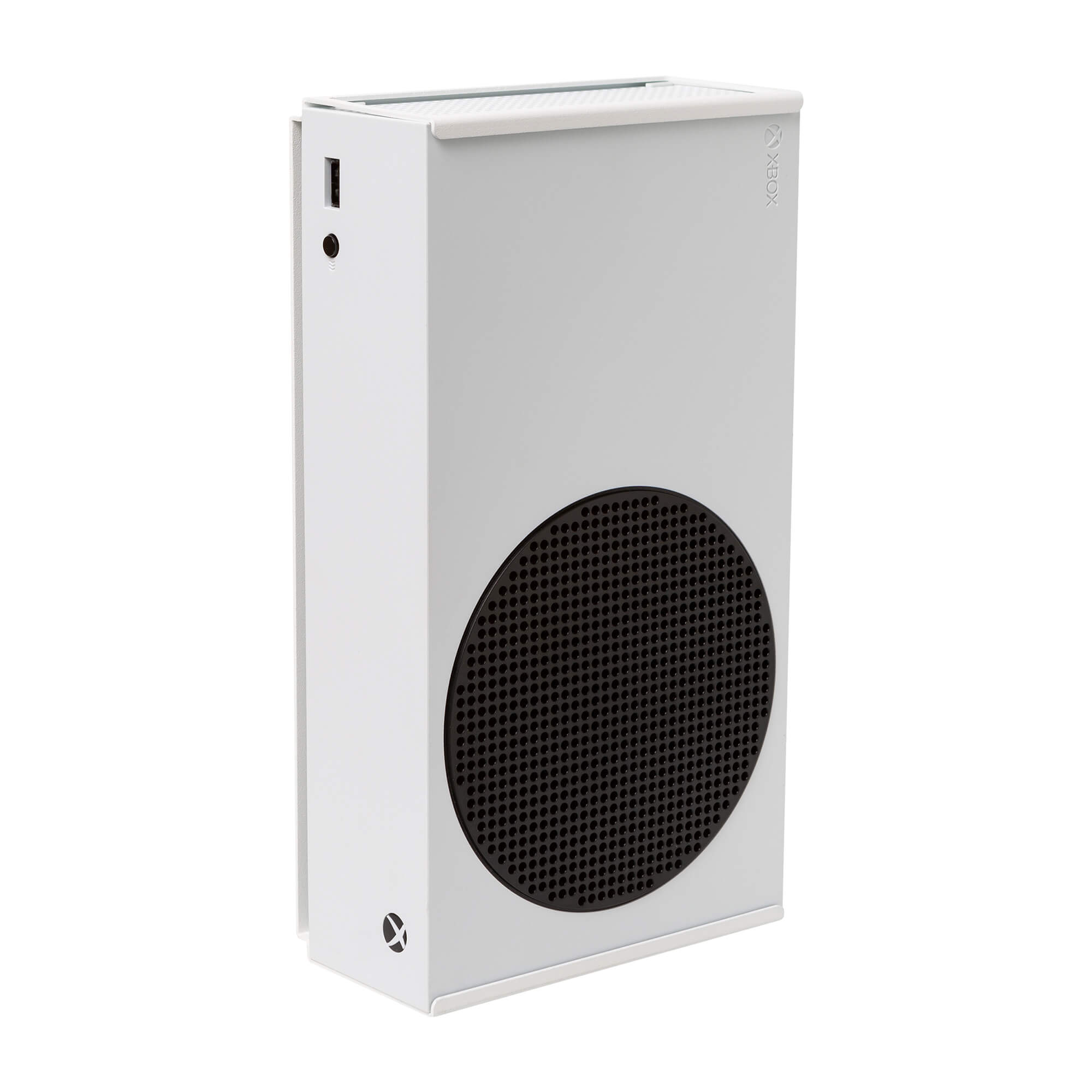 Microsoft Xbox Series S securely held in the HIDEit Xbox Series S Mount in white.