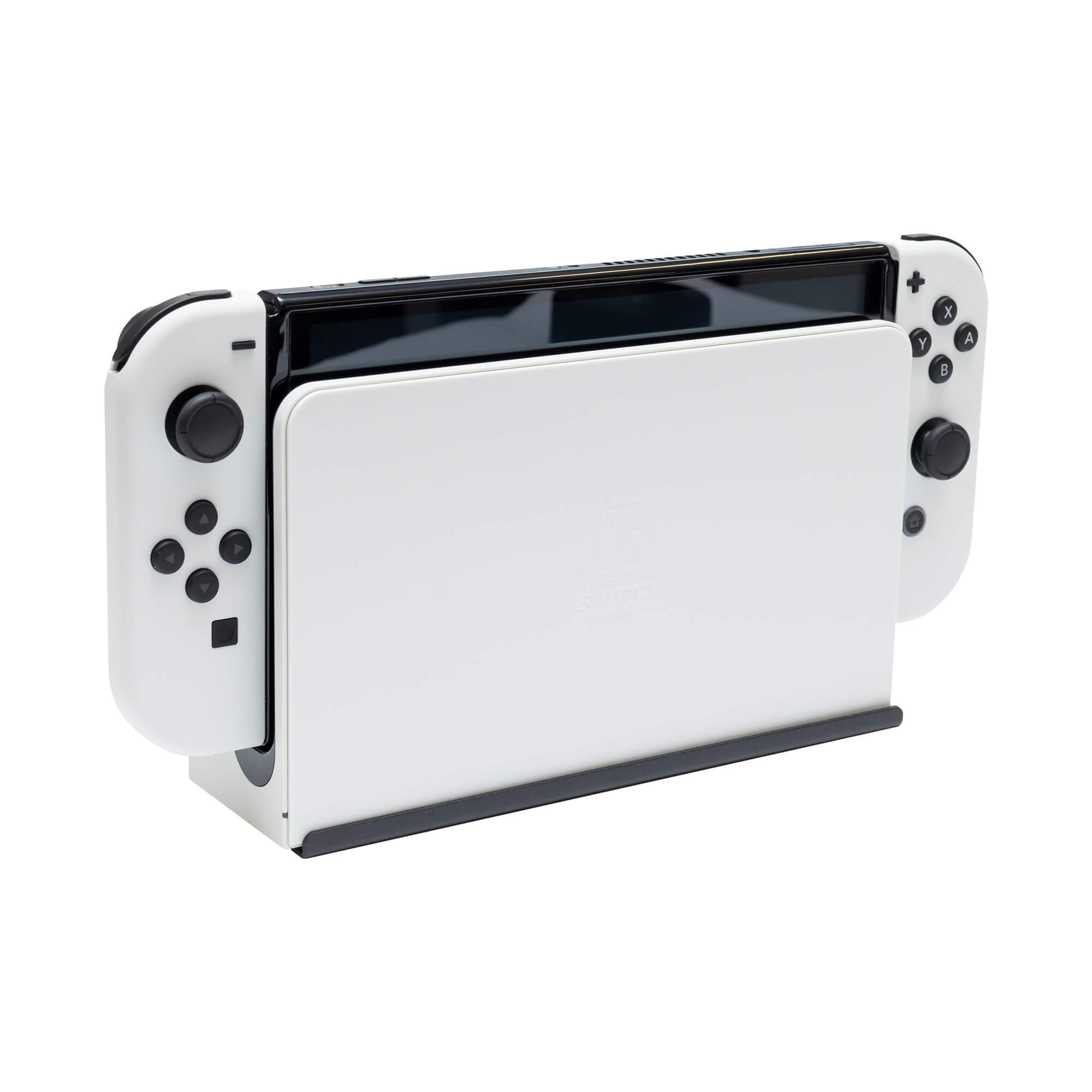Nintendo Switch OLED system and dock with white Joy-Cons in a HIDEit Switch Mount.