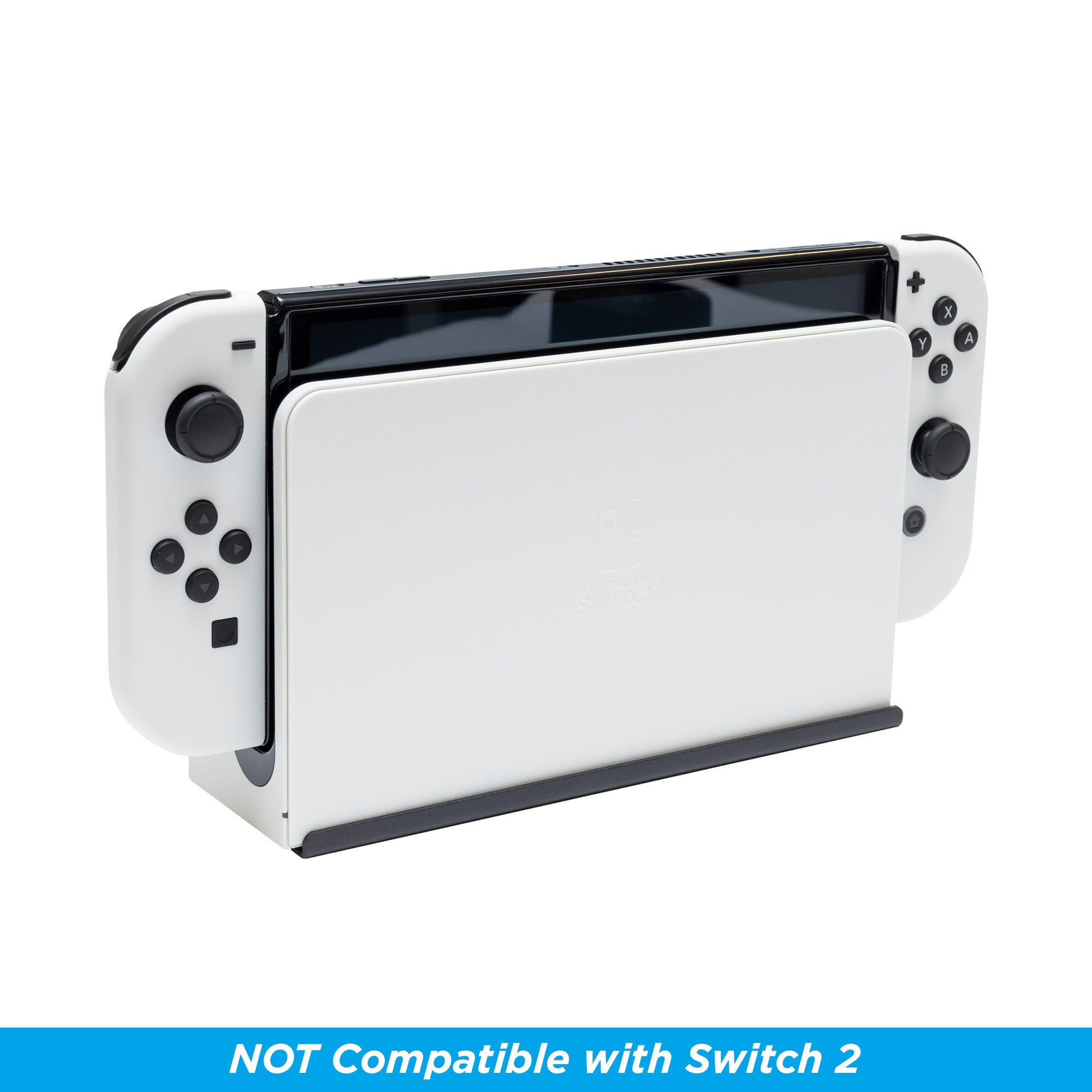 Nintendo Switch OLED system and dock with white Joy-Cons in a HIDEit Switch Mount.