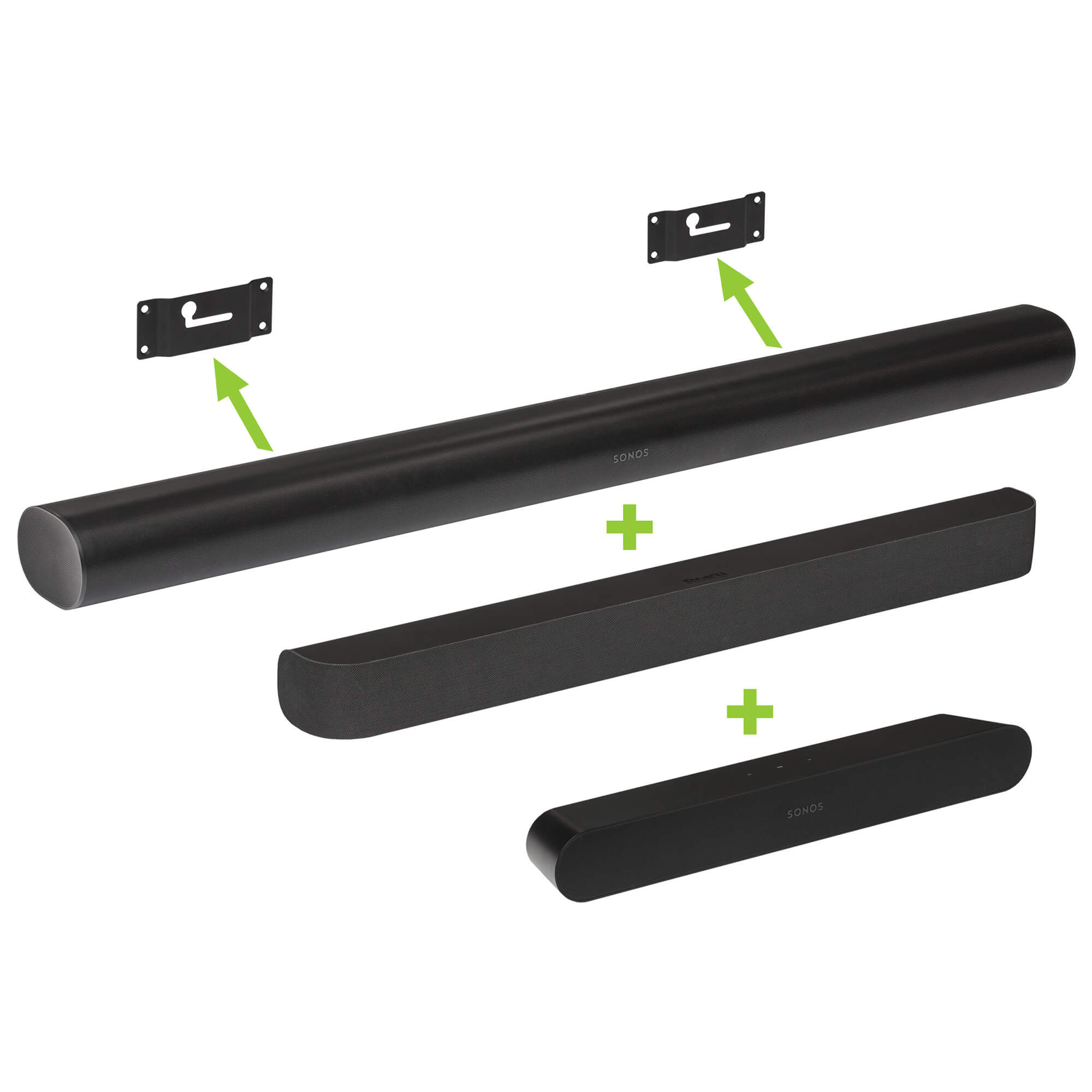 HIDEit Universal Soundbar Mounting brackets shown with Sonos Arc, Sonos Ray and Roku Streambar Pro Soundbars.