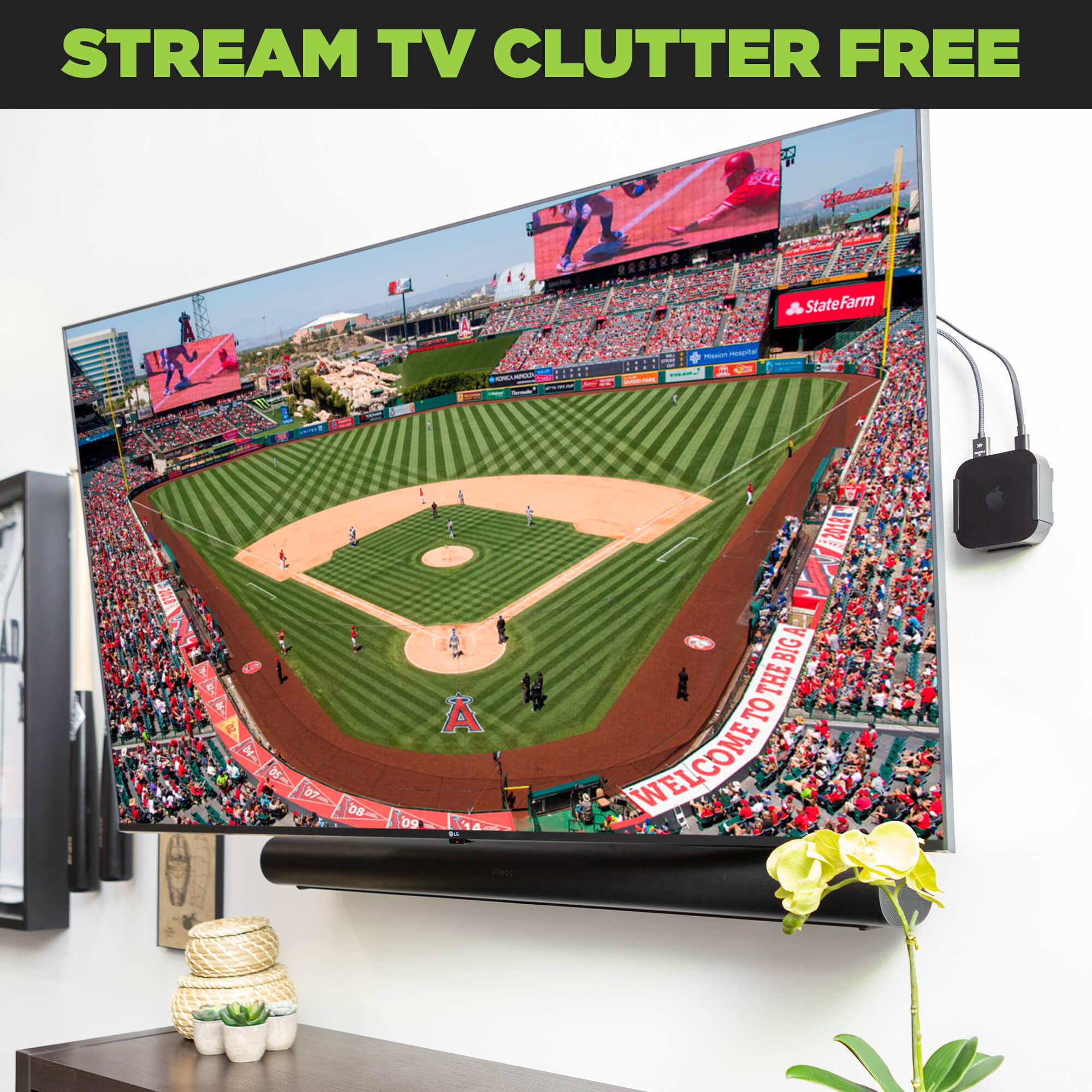 Stream TV clutter free and wall mount the Apple TV 4K 3rd Gen in a HIDEit Mount.