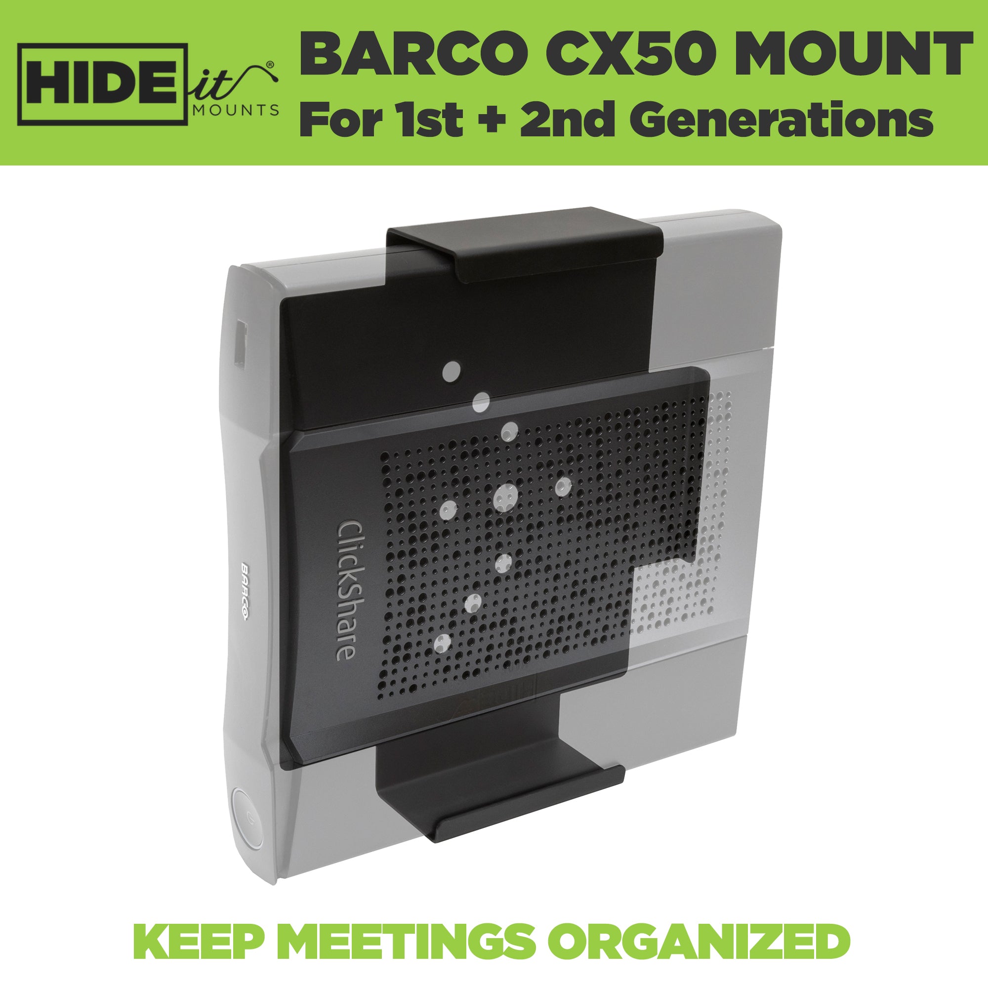 Barco ClickShare CX-50 greyed out in the HIDEit Barco CX50 Wall Mount. Keep your Barco Clickshare device organized when mounted to the wall.