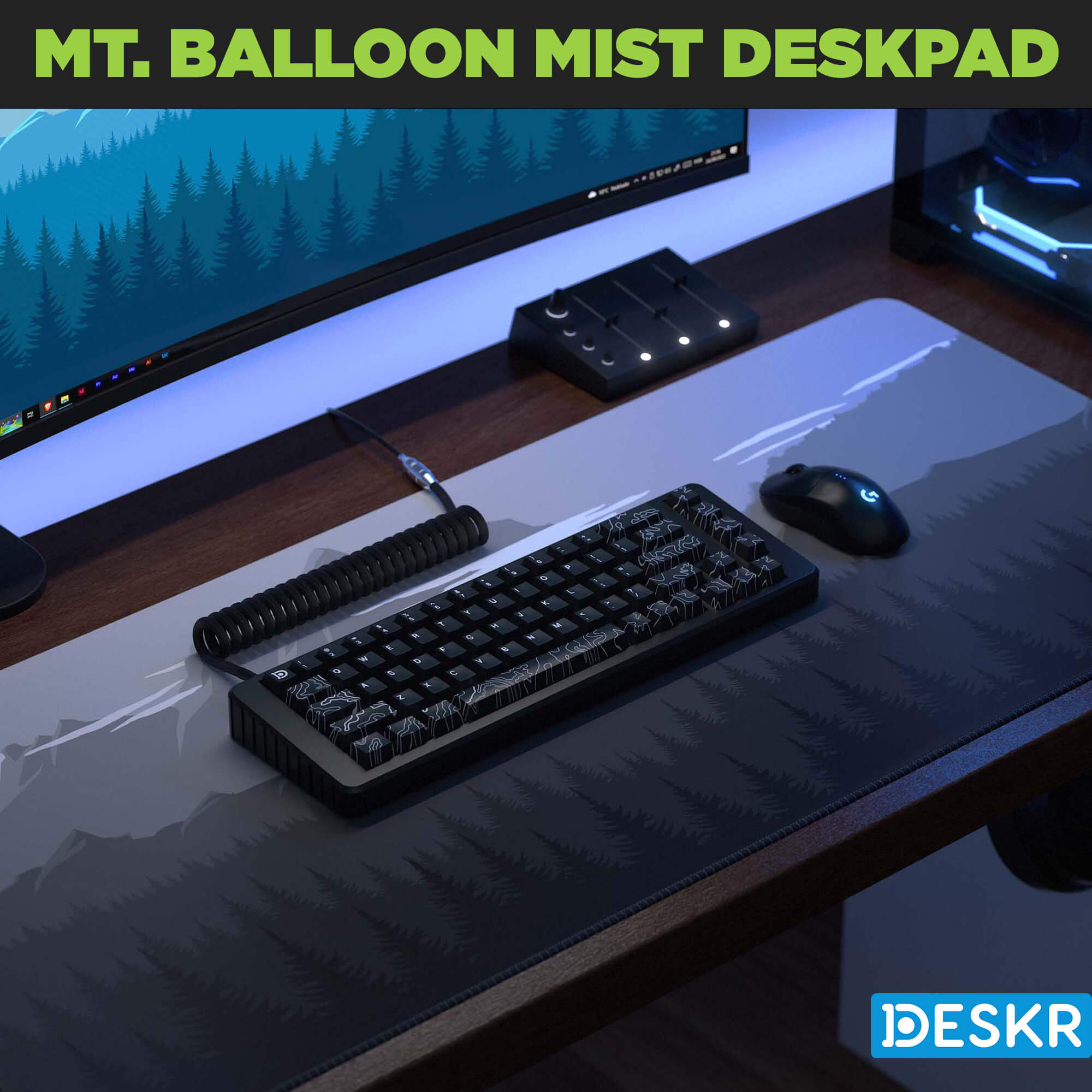 Deskr Mt. Balloon Mist Deskpad shown on gaming desk.