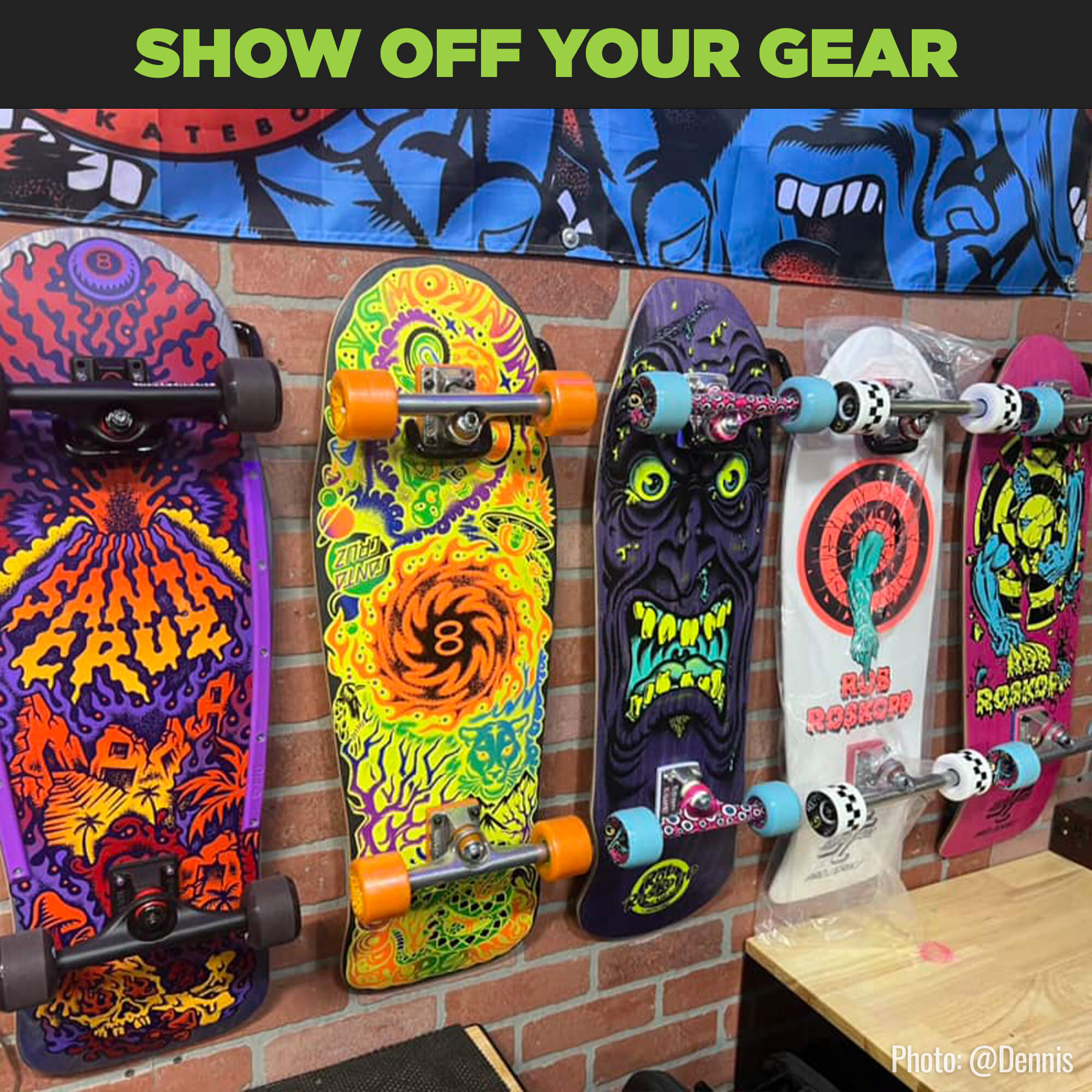 Five skateboards wall mounted to show off board graphics in a HIDEit Mounts Skateboard Wall Mount.
