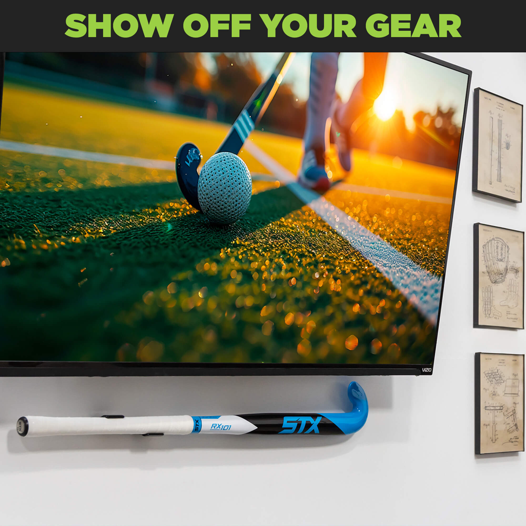 Field hockey stick displayed in man cave under TV using the HIDEit Horizontal Bat Mount for Field Hockey Sticks.