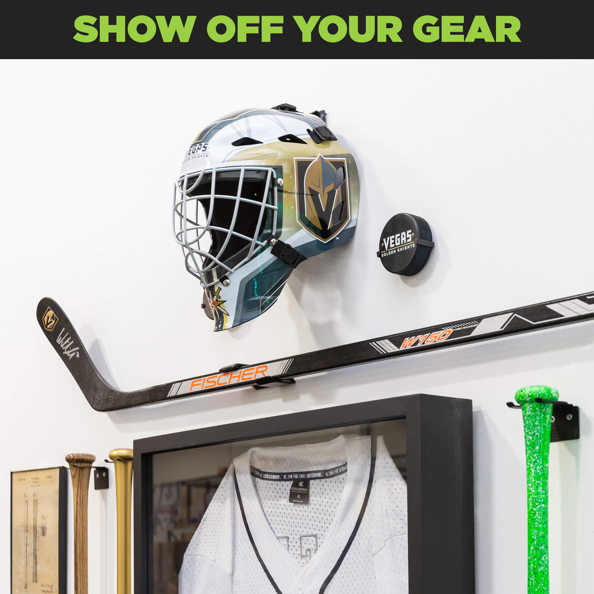 Hockey helmet, puck and hockey stick wall mounted using HIDEit Mounts for sports gear.