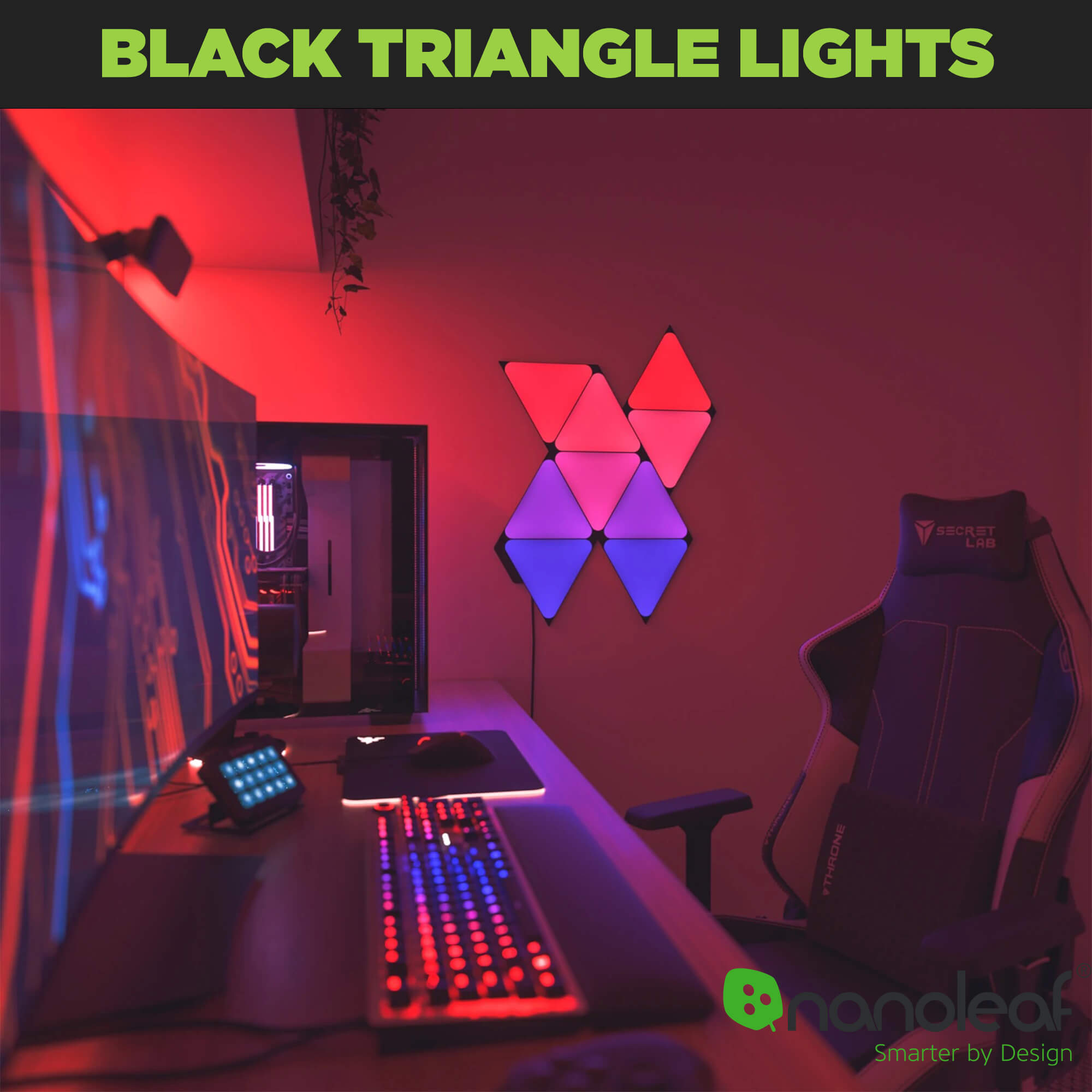 Nanoleaf black triangle lights wall mounted next to gaming desk.