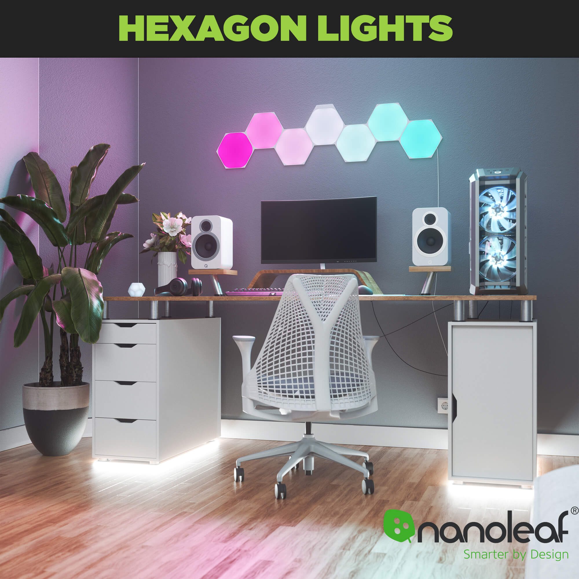 Nanoleaf hexagon lights wall mounted above gaming desk.