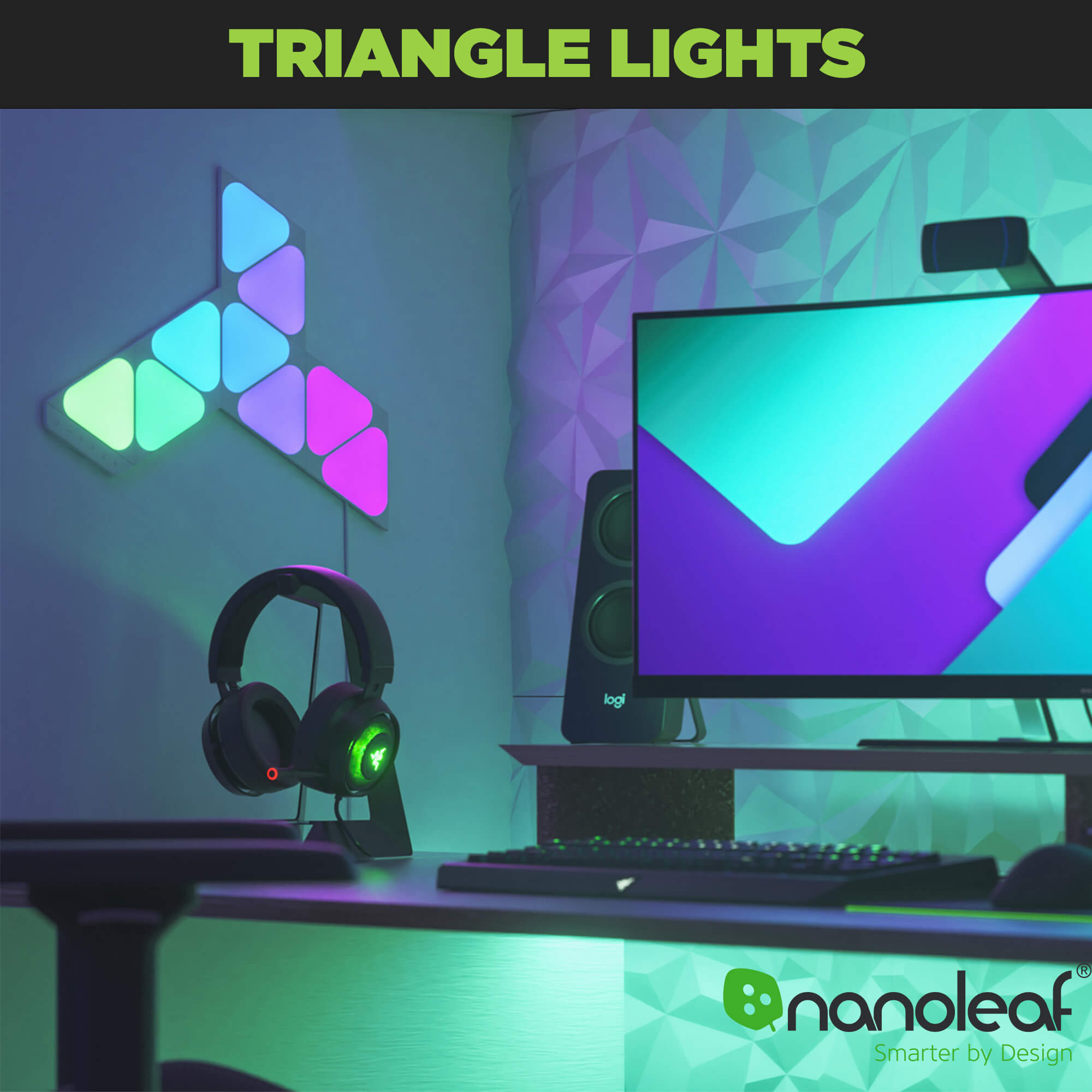 Nanoleaf triangle lights wall mounted next to gaming desk.