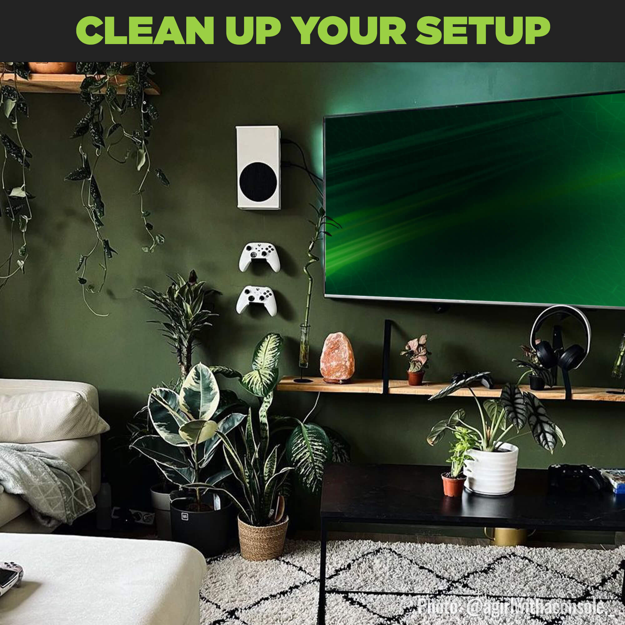 Clean up your setup with the HIDEit Mounts Xbox Series S console mount shown in a white. Perfect to organize any gaming setup.