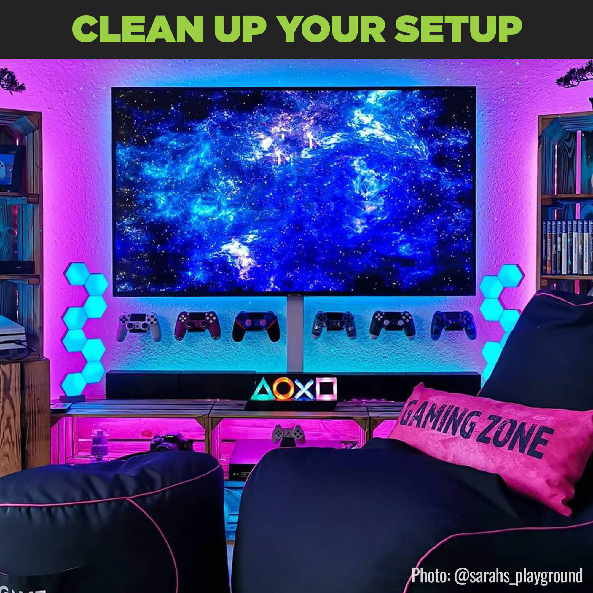 Game room setup displaying PlayStation controllers using HIDEit Uni-C Controller Mounts.