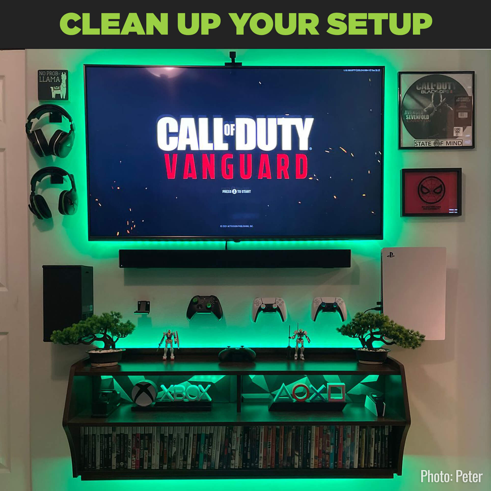 Game room setup displaying wall mounted gaming consoles and headsets using HIDEit Mounts.