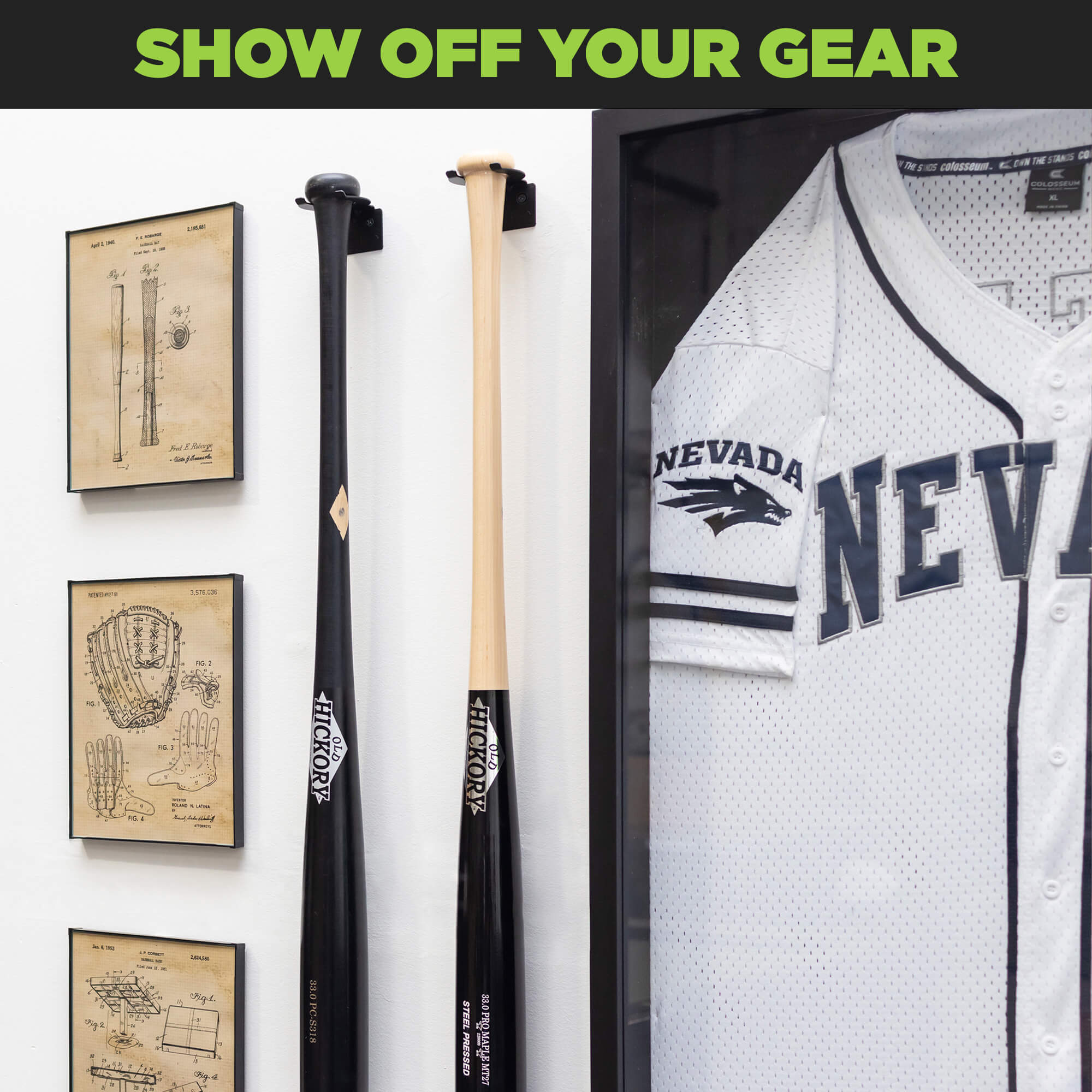 Two collectible baseball bats securely held in single vertical bat mounts next to a wall mounted jersey in a man cave.