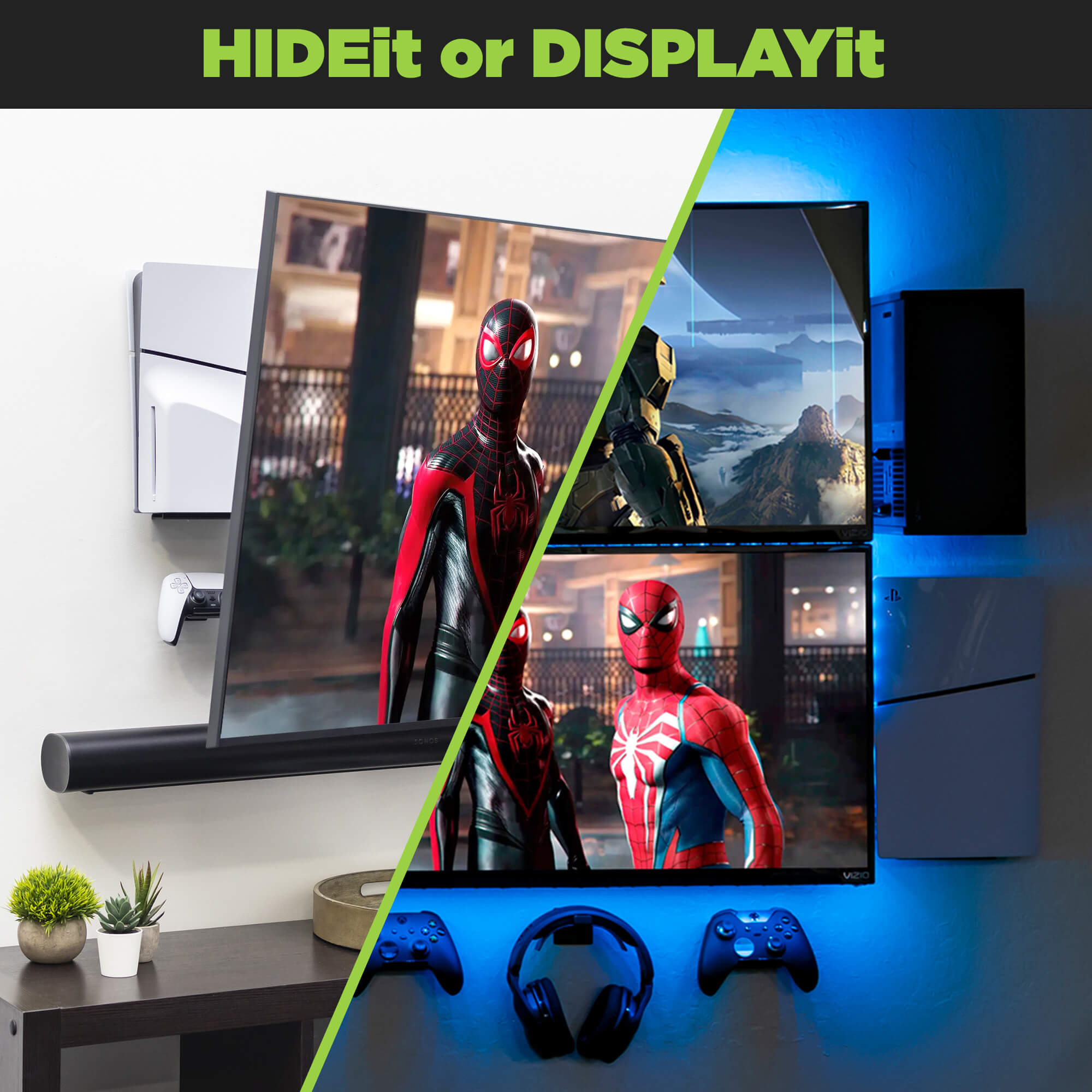 The HIDEit PS5 Shelf Mount can be wall mounted with the PS5 console on the right or left side of the TV.