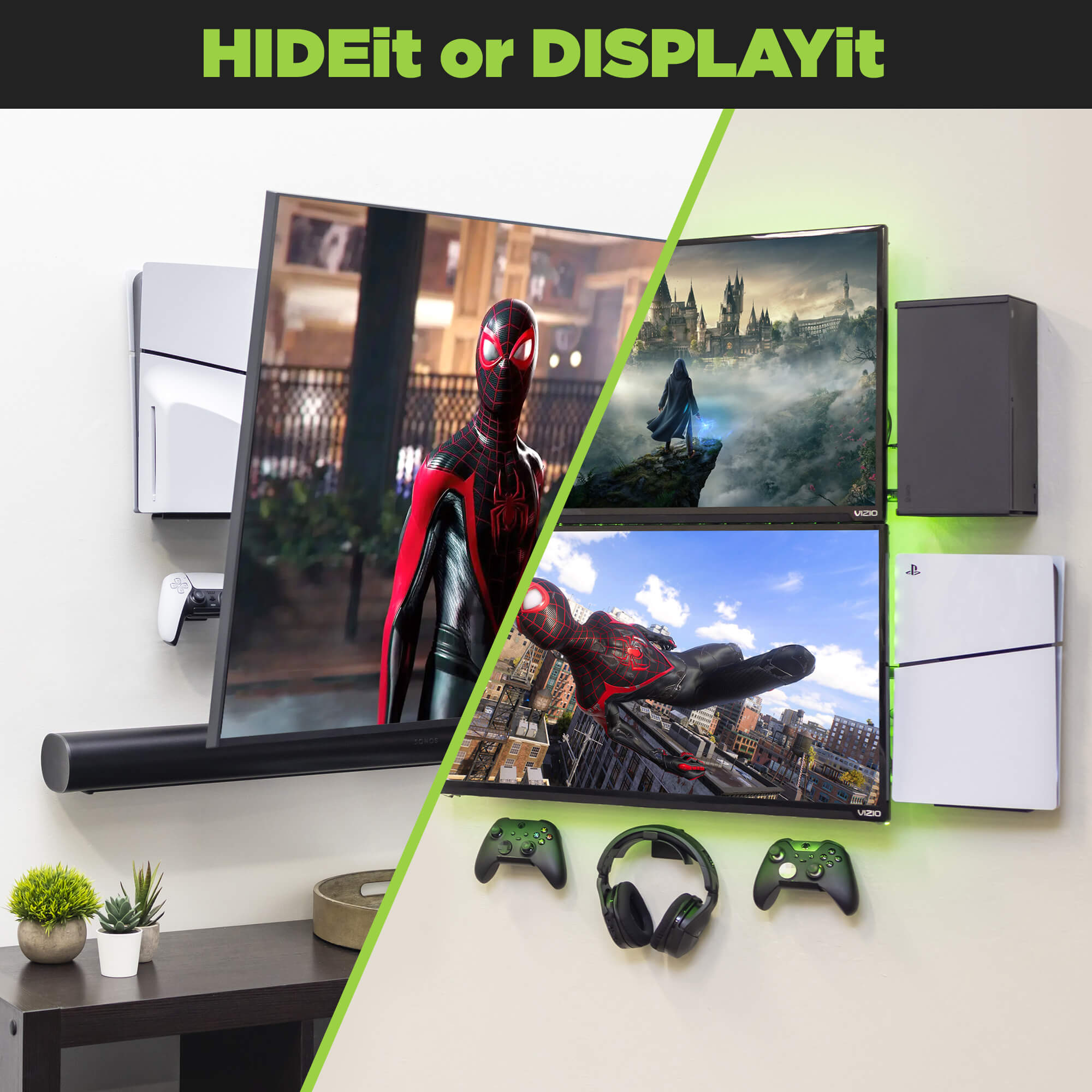 The HIDEit PS5 Slim Mount can be wall mounted with the PS5 Slim on the right or left side of the TV.