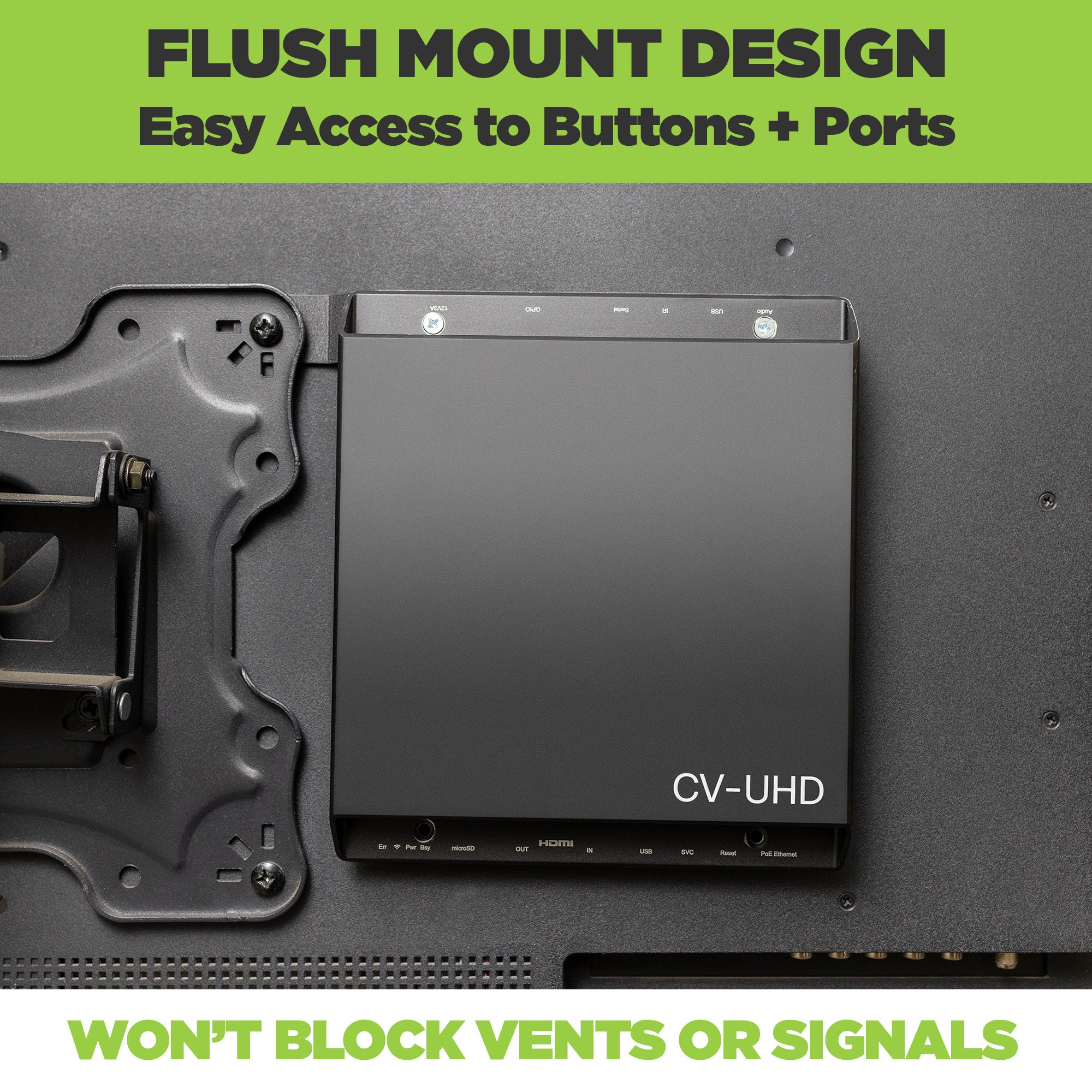 Attach CV-UHD media player to back of TV using the HIDEit Cisco Vision VESA Mount Bar.