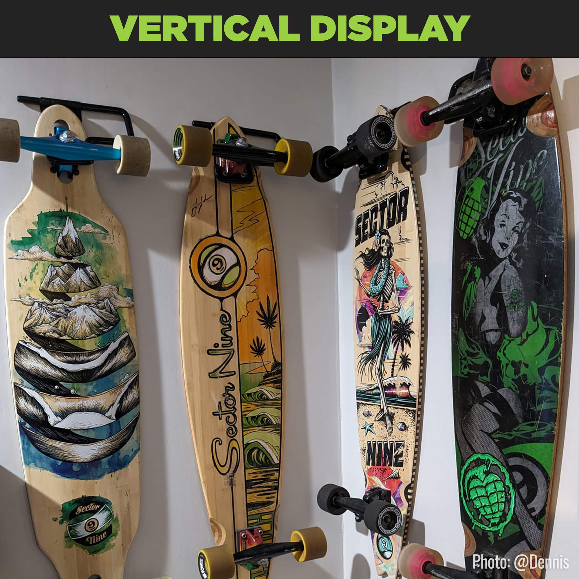 Sector 9 skateboards vertically displayed on a wall using HIDEit Skateboard Mount.