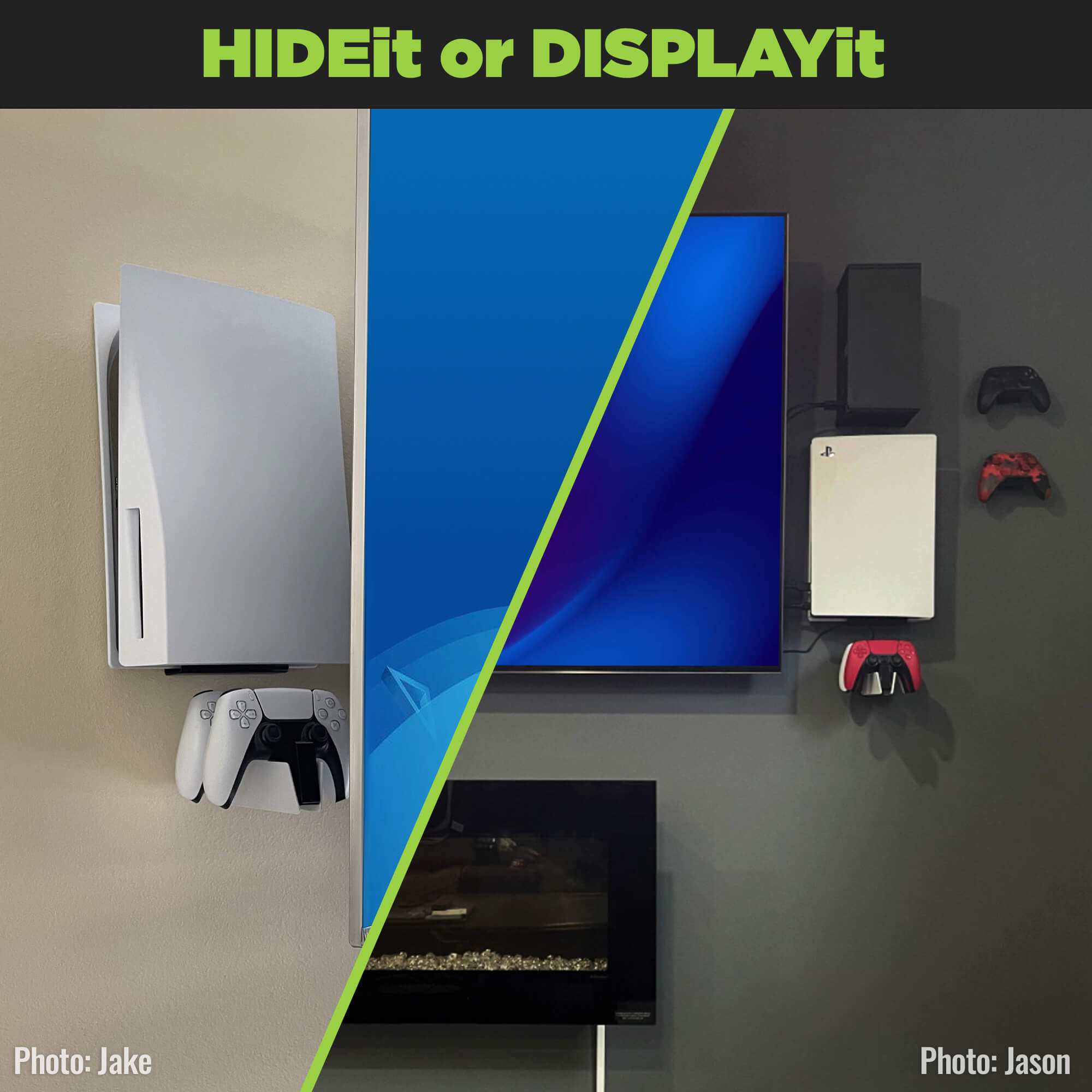 Hide or display the PlayStation DualSense charging station using a HIDEit Mount for the PS5 DualSense Charging Station.