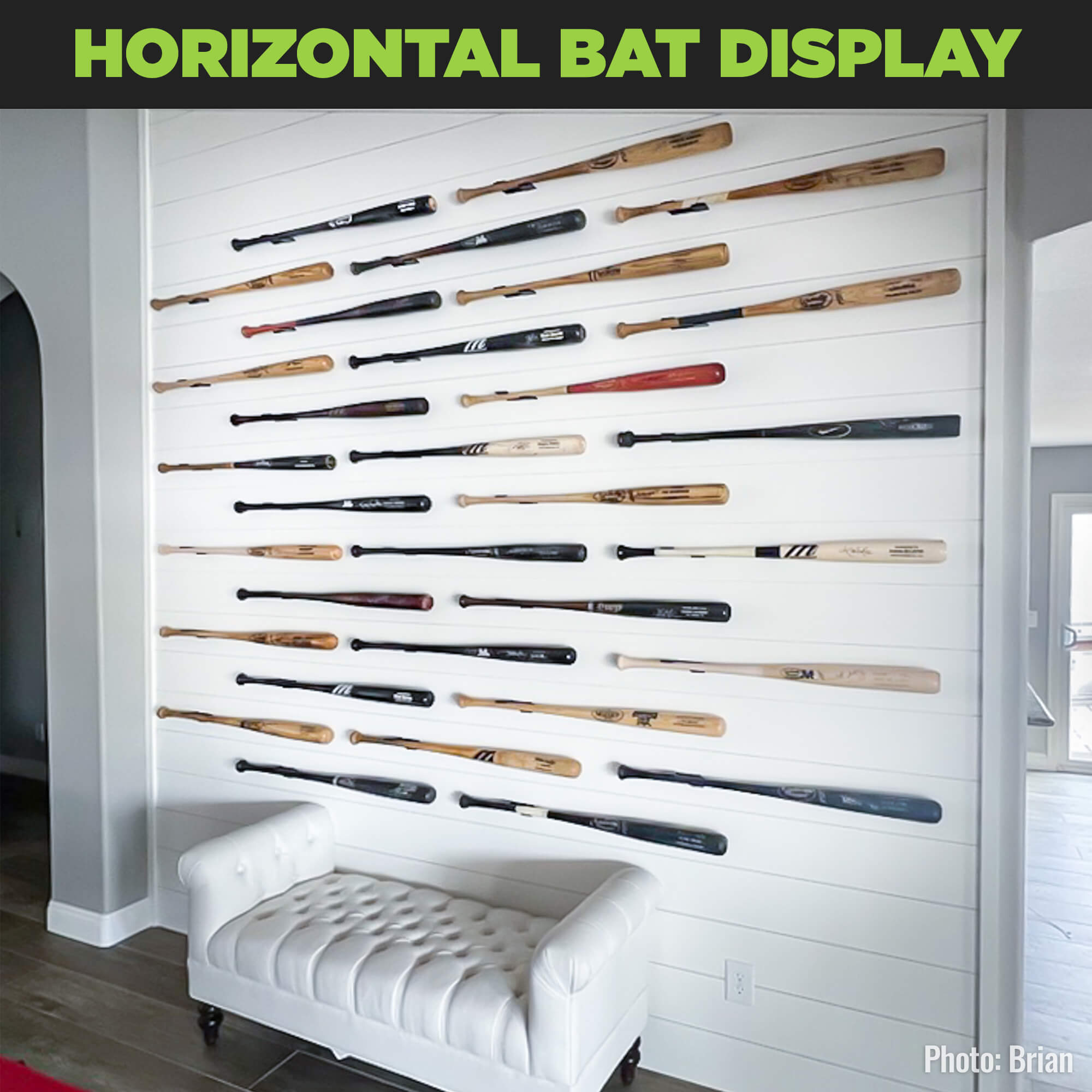 Multiple baseball bats wall mounted in a horizontal bat mount by HIDEit Mounts.