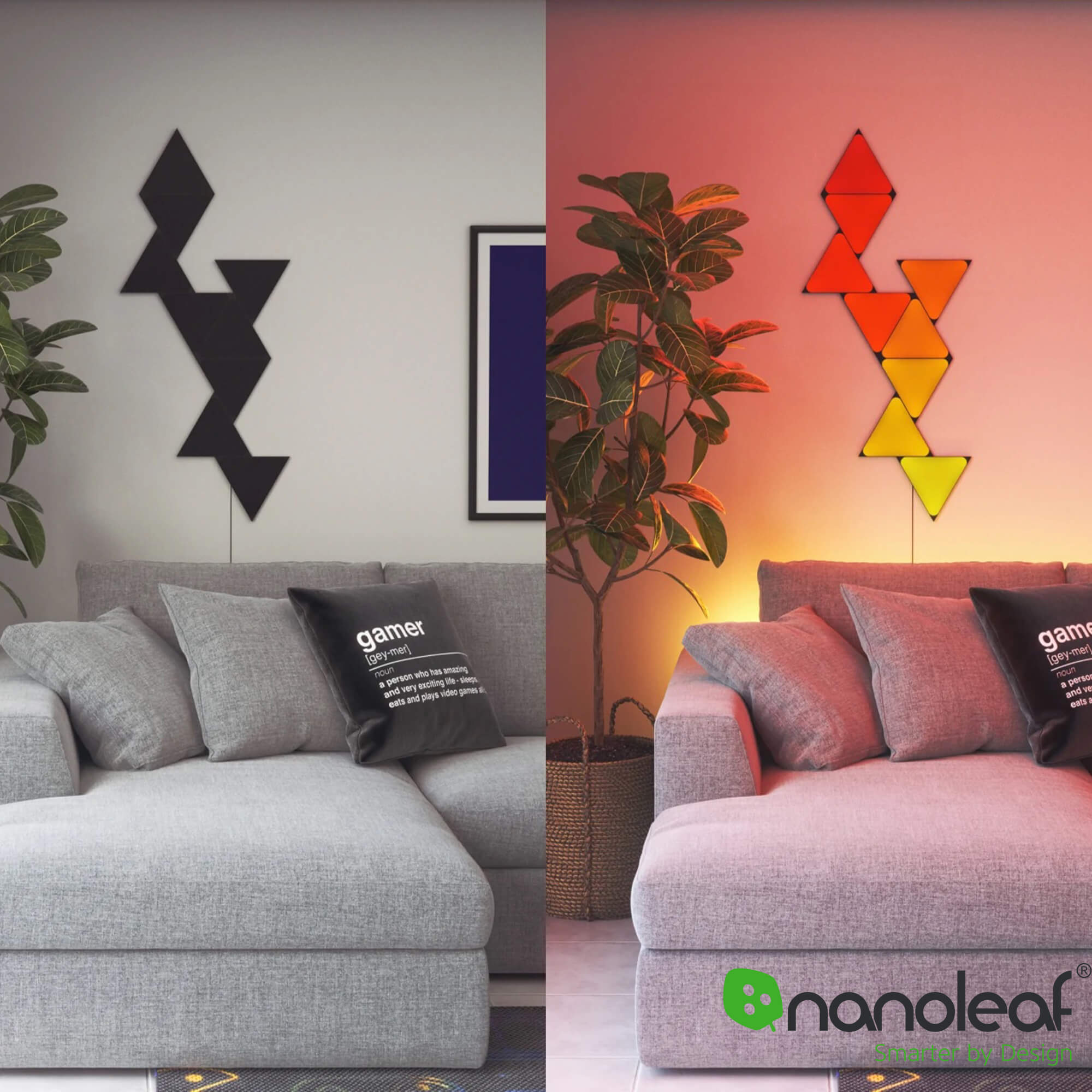 Nanoleaf black triangle lights shown turned off and on in a living room setup.