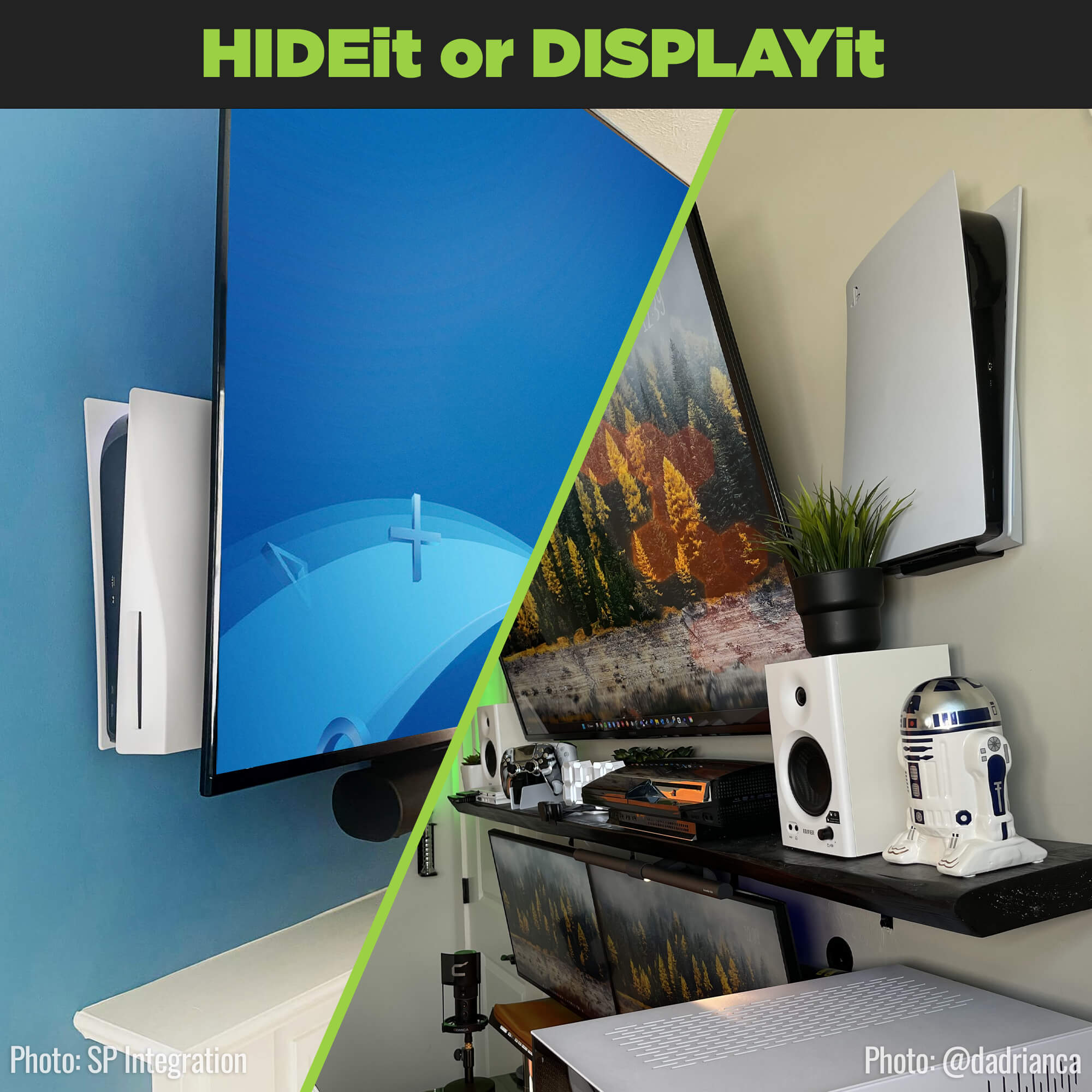 The HIDEit PS5 Mount can be wall mounted with the PS5 on the right or left side of the TV.